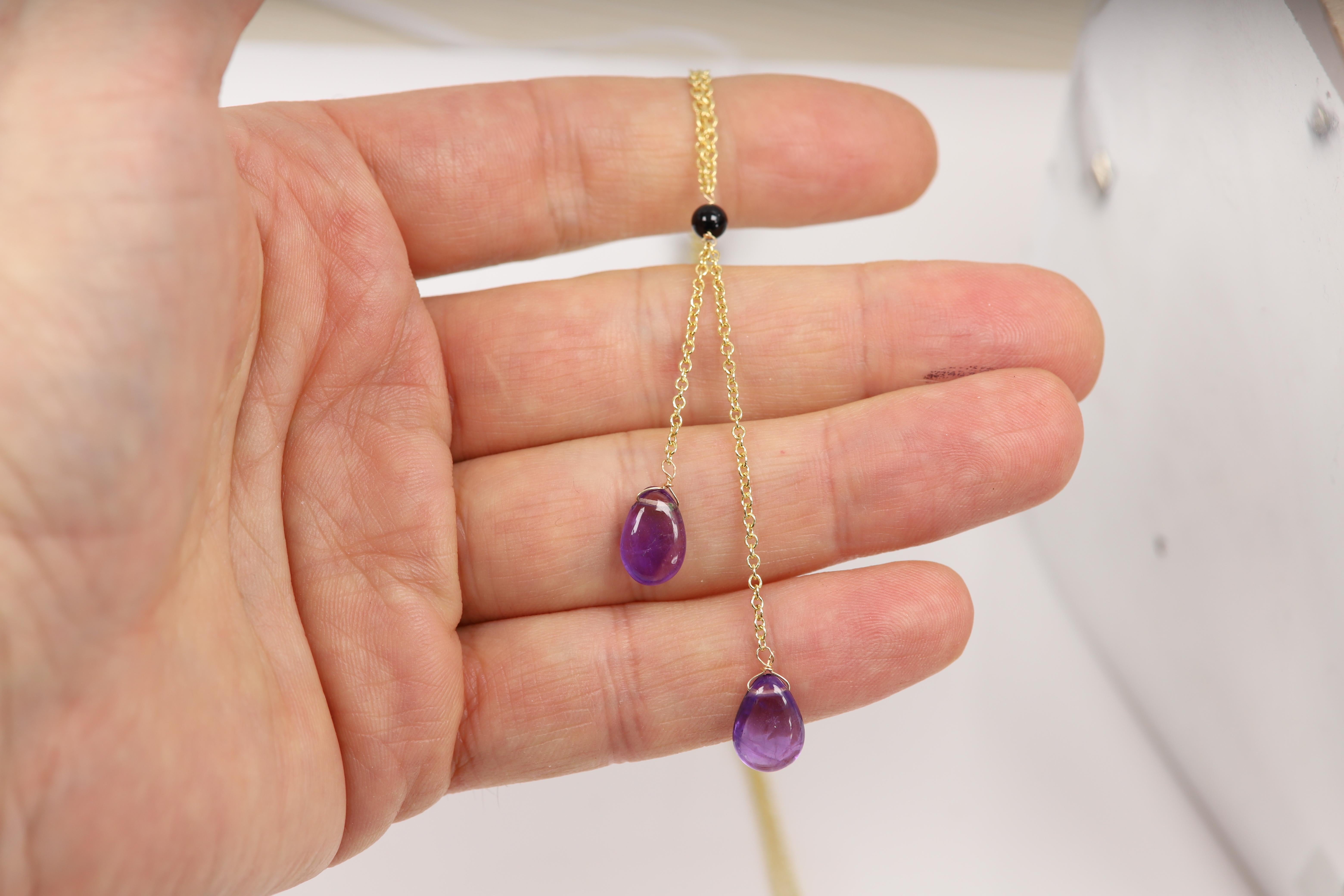Amethyst Dangle Necklace 14 Karat Yellow Gold Purple Amethyst Gemstone Drops In New Condition For Sale In Brooklyn, NY