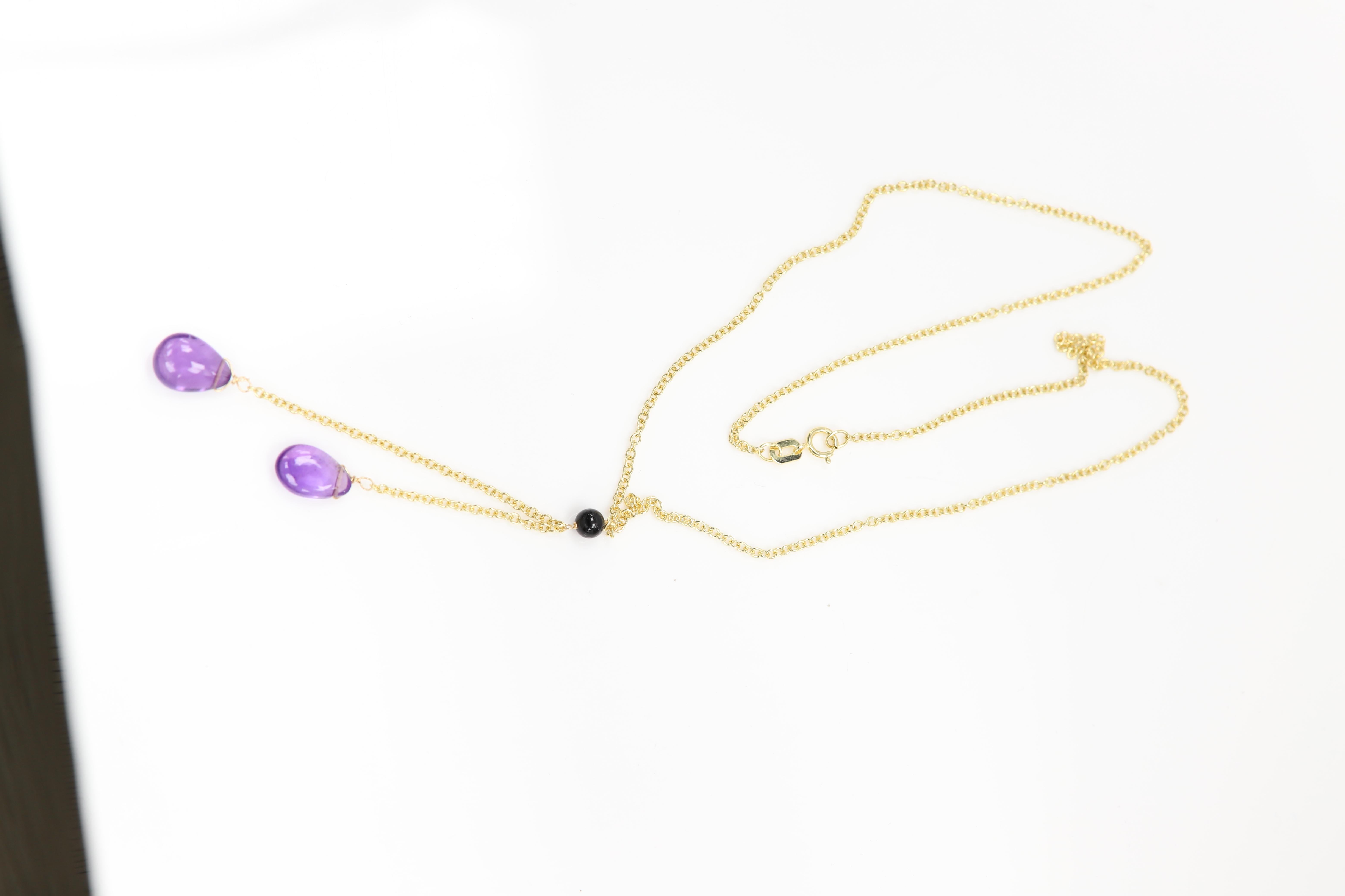 Women's Amethyst Dangle Necklace 14 Karat Yellow Gold Purple Amethyst Gemstone Drops For Sale