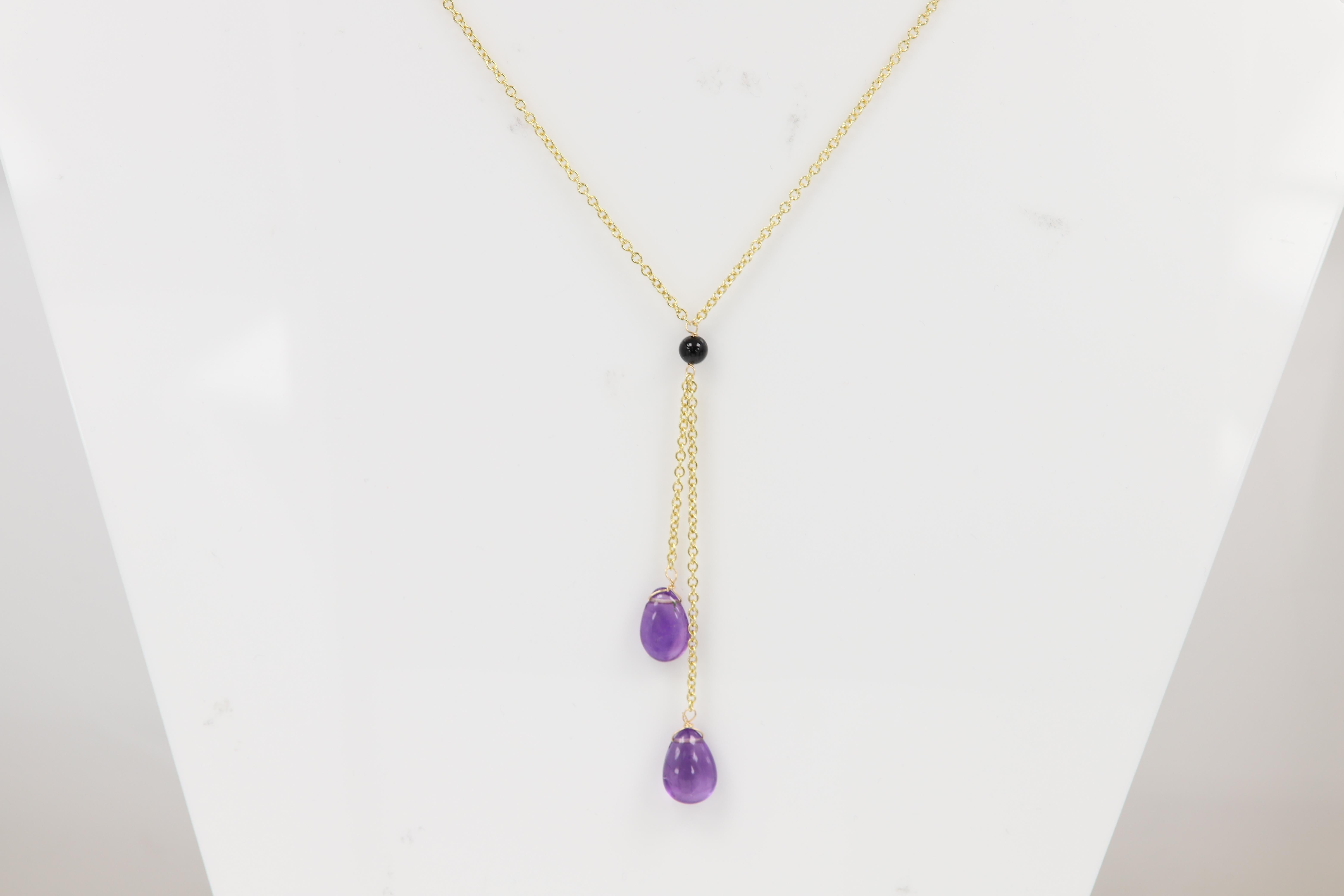 Amethyst Dangle Necklace 14 Karat Yellow Gold Purple Amethyst Gemstone Drops For Sale 1