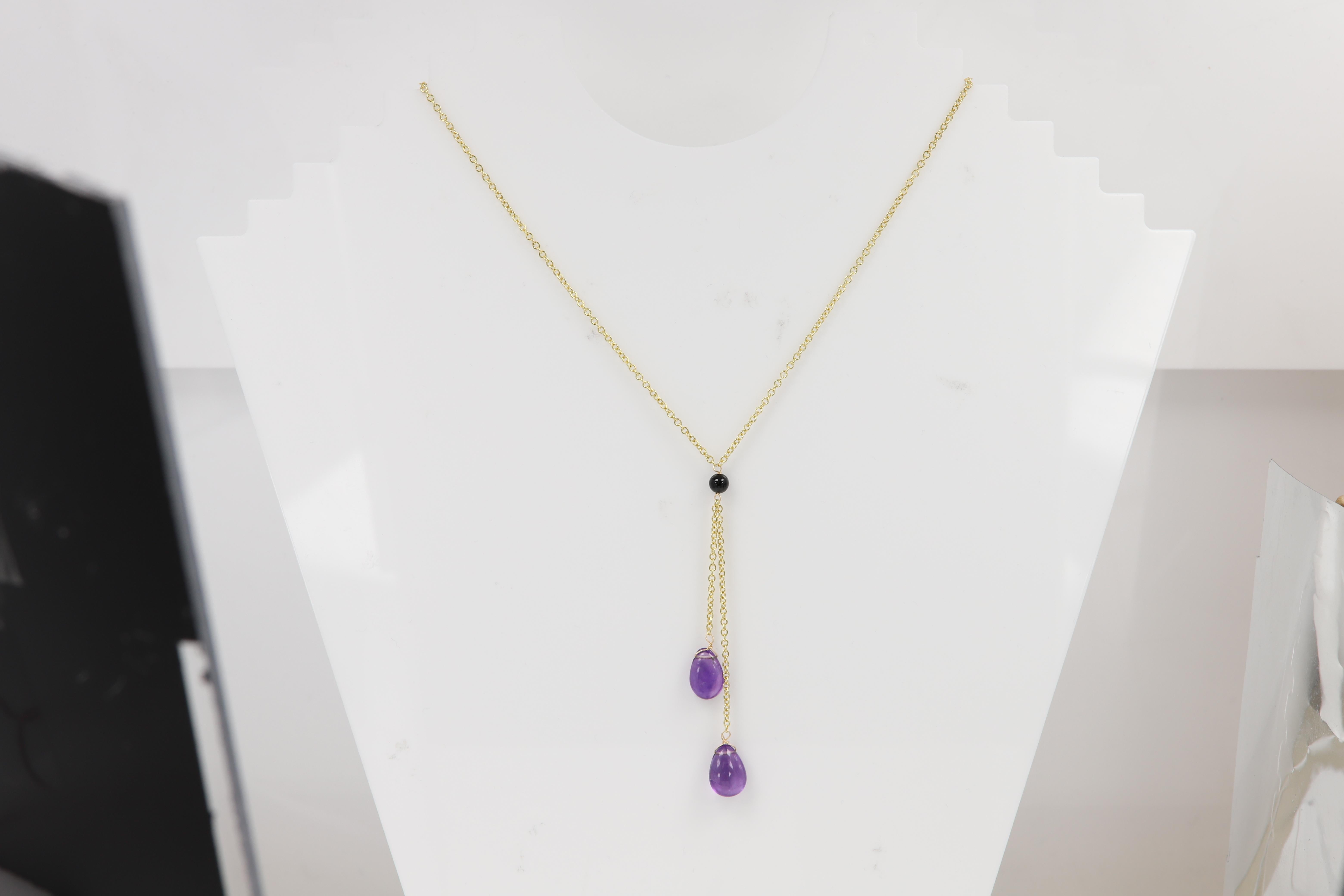 Amethyst Dangle Necklace 14 Karat Yellow Gold Purple Amethyst Gemstone Drops For Sale 2