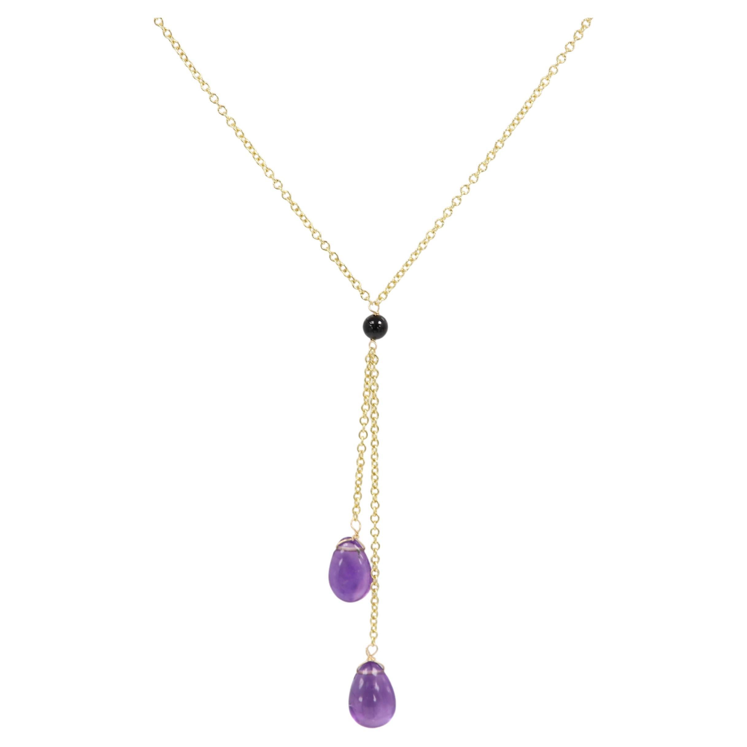 Amethyst Dangle Necklace 14 Karat Yellow Gold Purple Amethyst Gemstone Drops For Sale