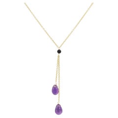 Amethyst Dangle Necklace 14 Karat Yellow Gold Purple Amethyst Gemstone Drops