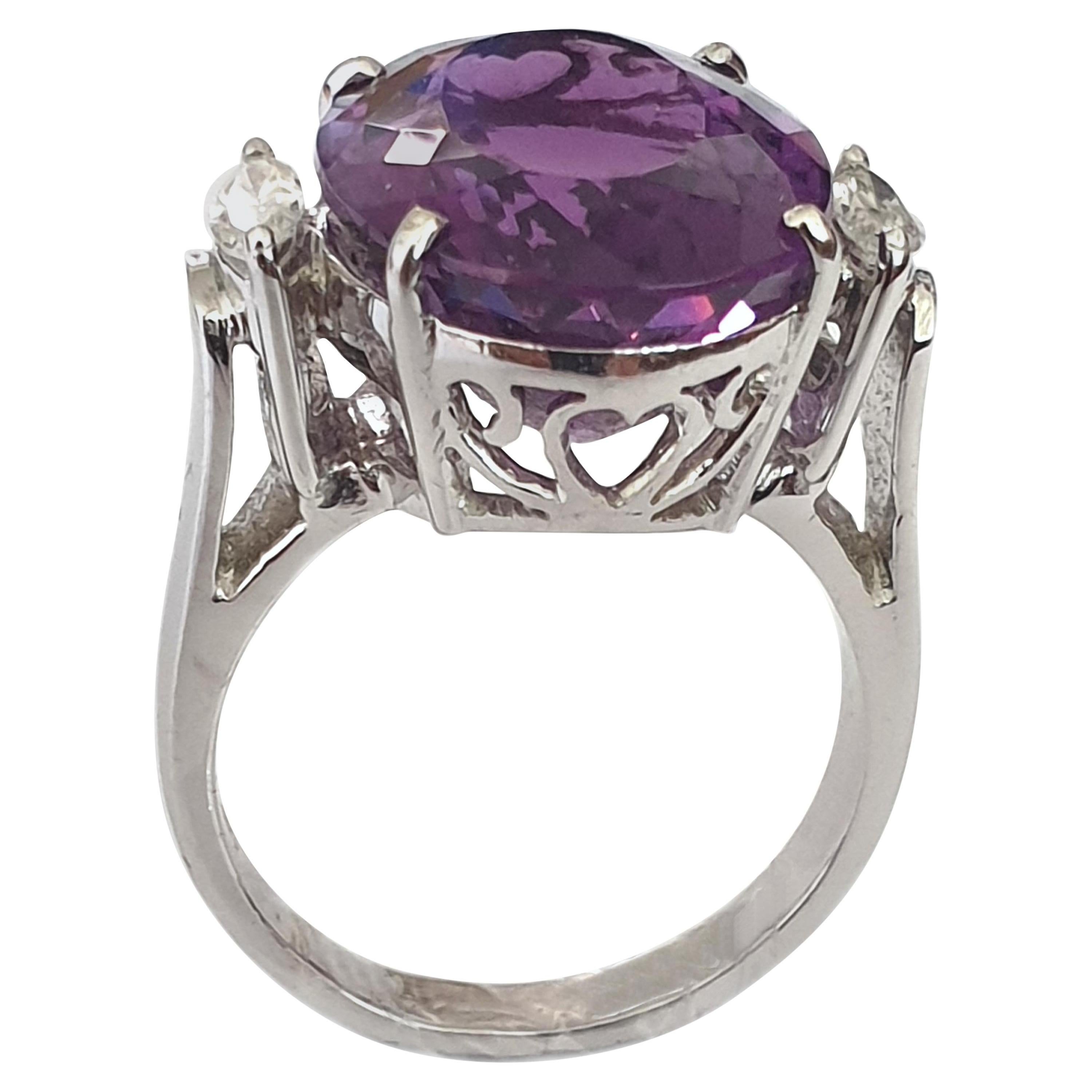 Platinum-Plated Sterling Silver Amethyst Zircon Cocktail Ring Size 9 Ct 12.4 