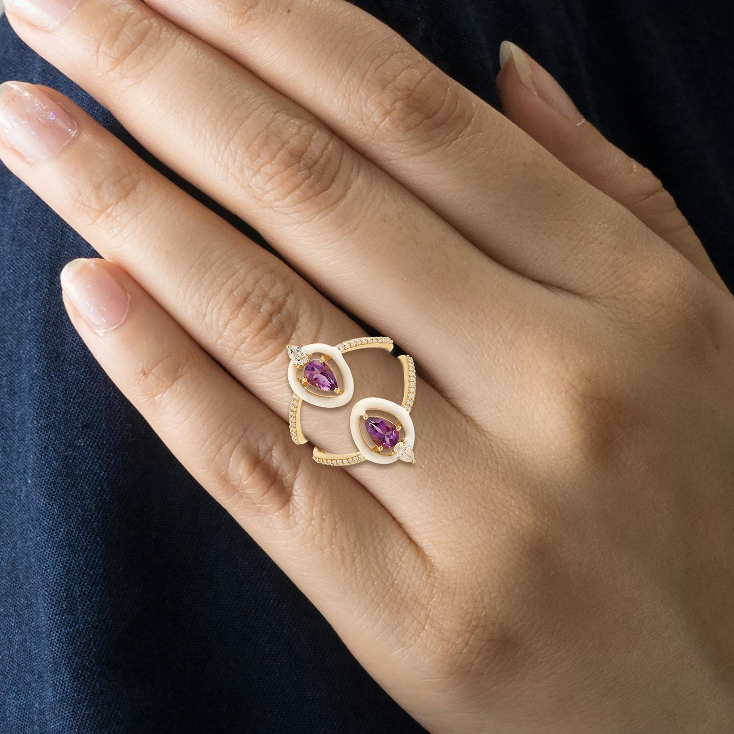This ring has been meticulously crafted from 14-karat gold.  It is hand set with 1.13 carats amethyst & .44 carats of sparkling diamonds. 

The ring is a size 7 and may be resized to larger or smaller upon request. 
FOLLOW  MEGHNA JEWELS storefront