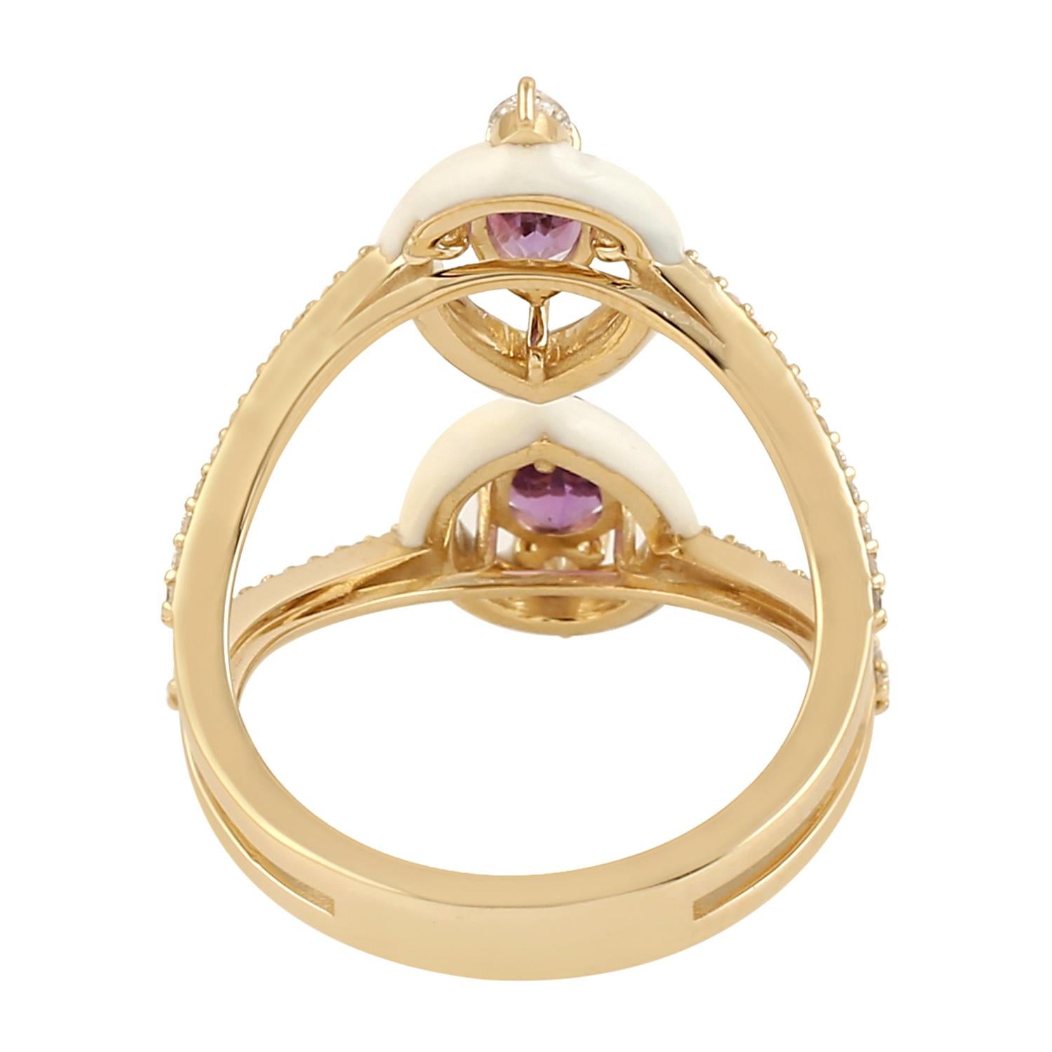 Contemporary Amethyst Diamond 14 Karat Gold White Enamel Ring For Sale