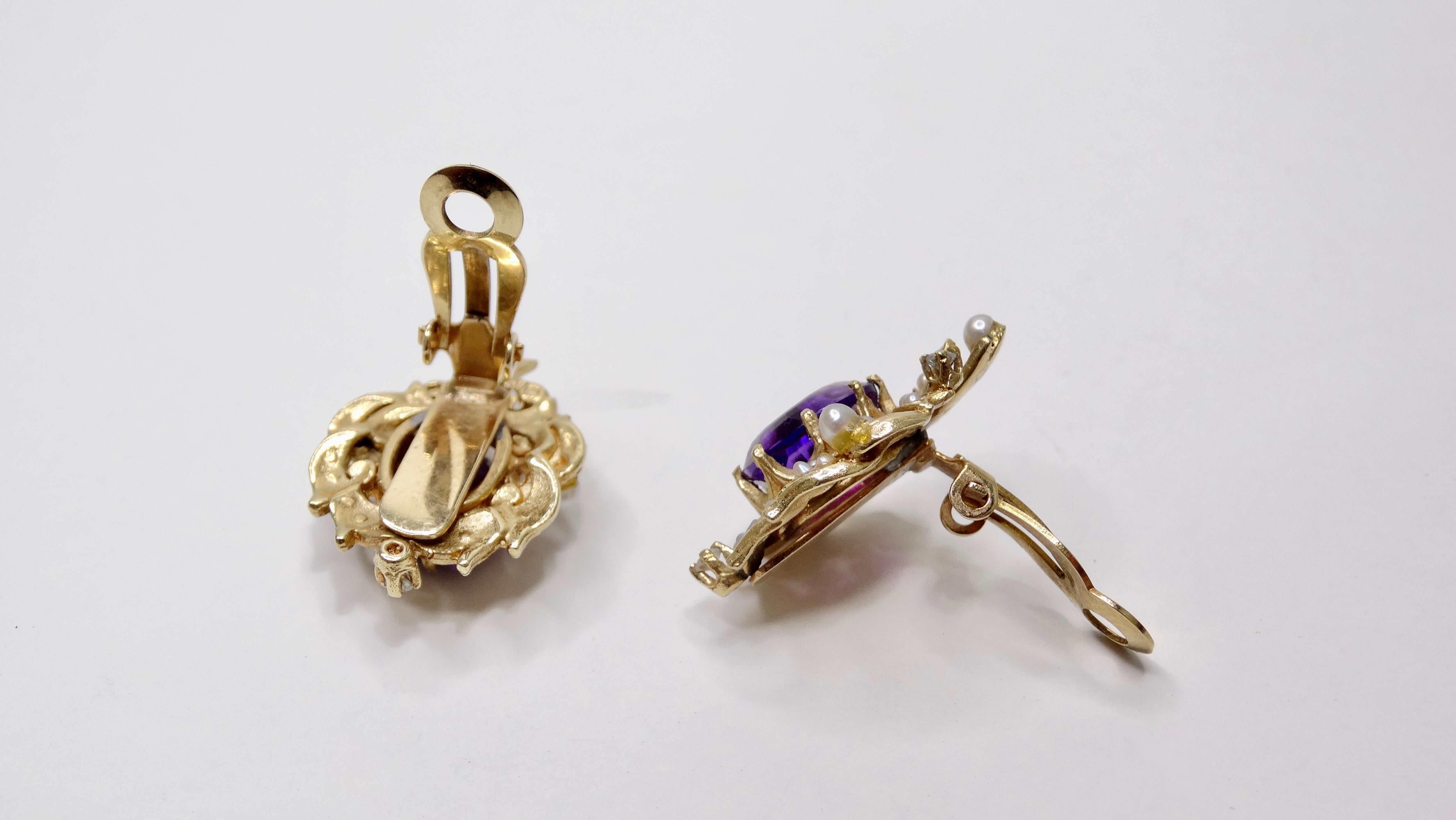 Oval Cut Amethyst & Diamond 14k Gold Clip-On Earrings  For Sale