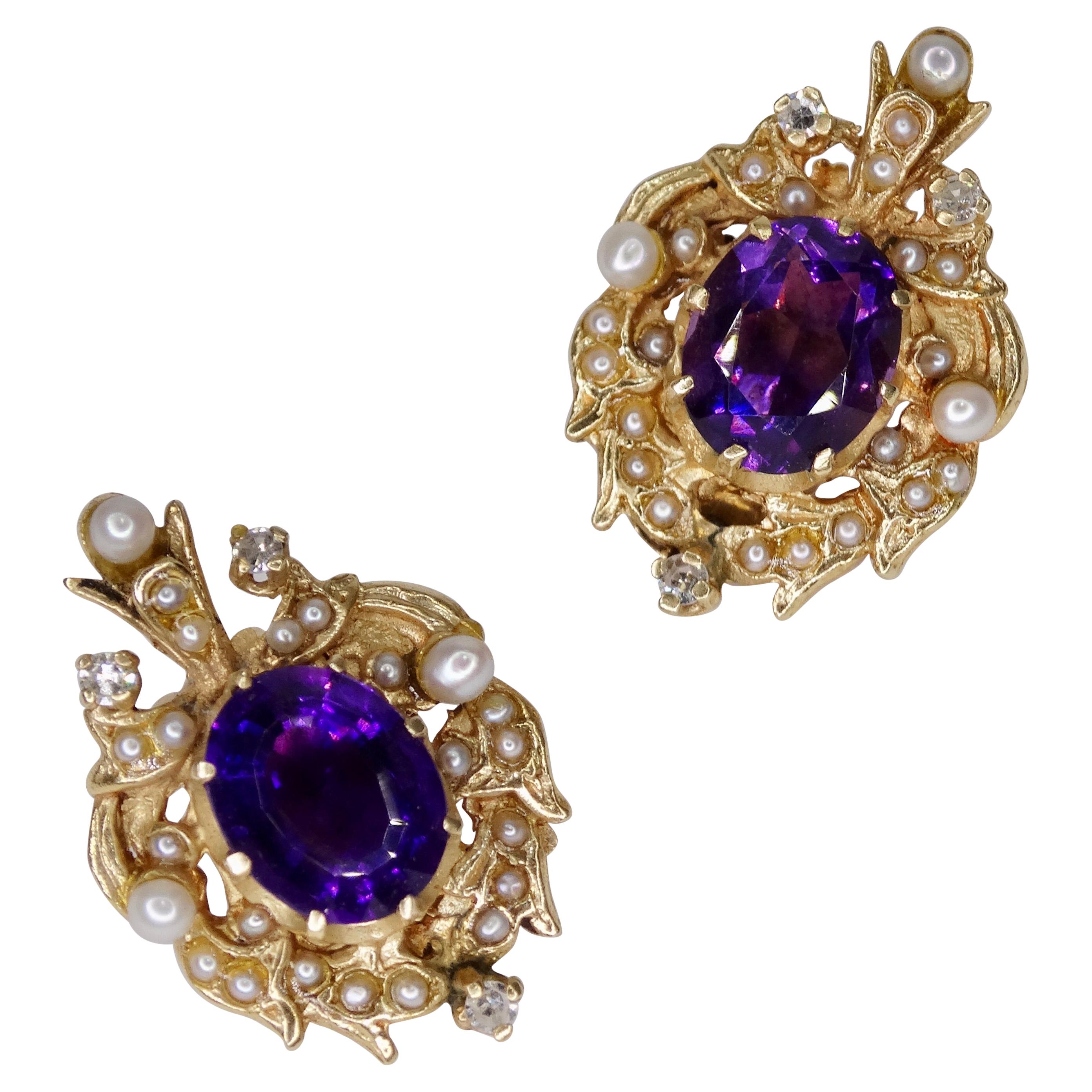 Amethyst & Diamond 14k Gold Clip-On Earrings 