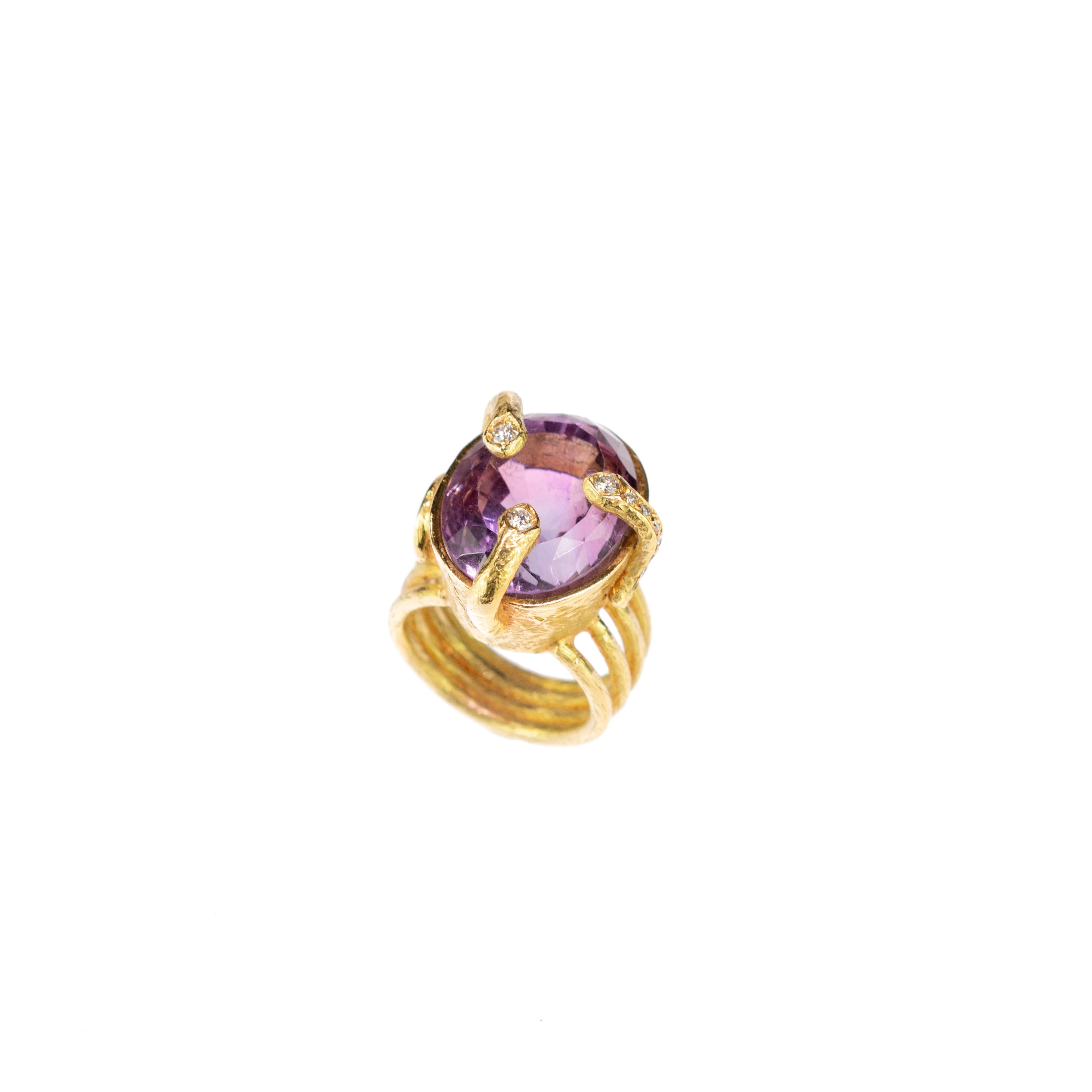 Amethyst Diamond 18 Karat Yellow Gold Cleopatra Ring In New Condition In Milano, IT