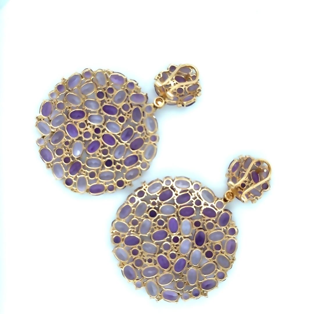 Modern Amethyst & Diamond 18k Yellow Gold Circular Large Cluster Dangling Earrings
