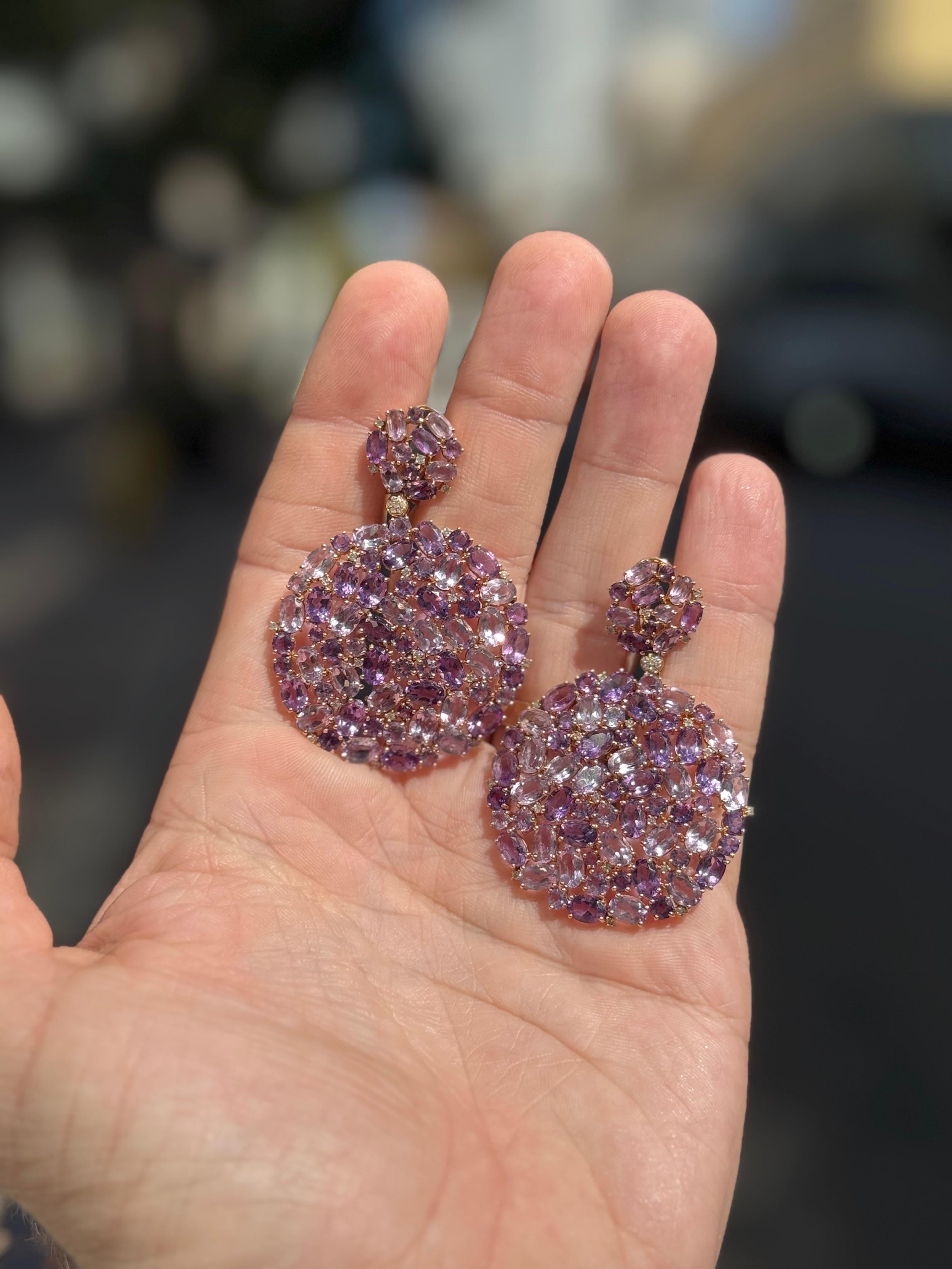 Amethyst & Diamond 18k Yellow Gold Circular Large Cluster Dangling Earrings In Excellent Condition In MIAMI, FL