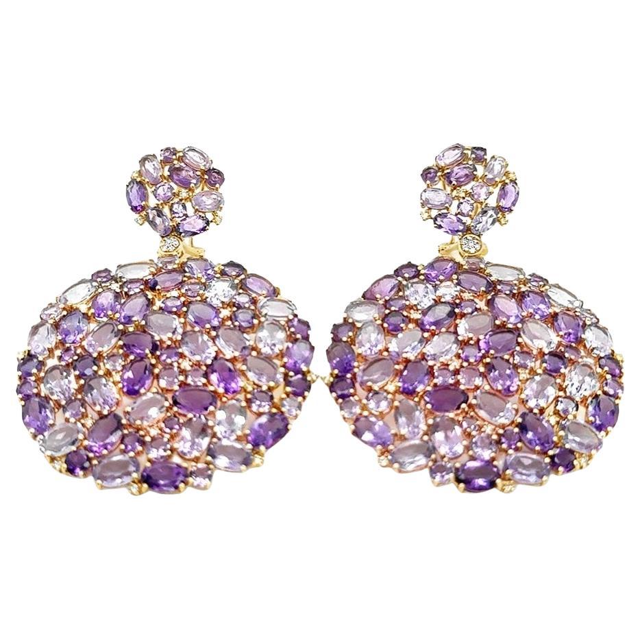 Amethyst & Diamond 18k Yellow Gold Circular Large Cluster Dangling Earrings