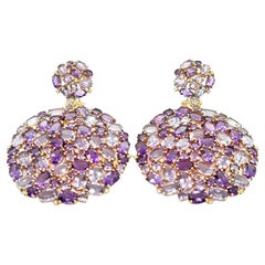 Amethyst & Diamond 18k Yellow Gold Circular Large Cluster Dangling Earrings