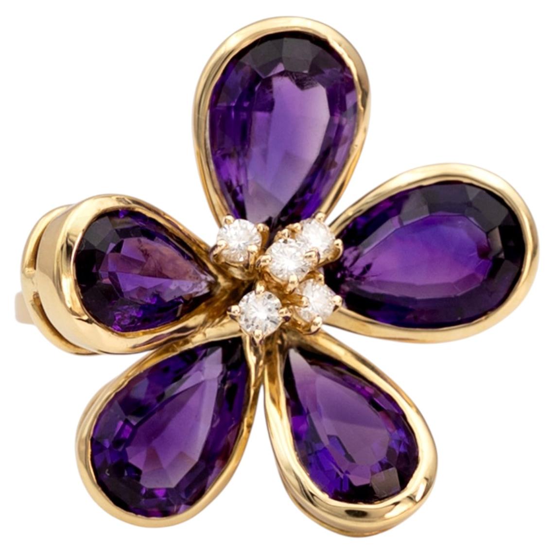 Amethyst Diamond 18k Yellow Gold Flower Cocktail Ring For Sale