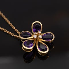 Amethyst Diamond 18k Yellow Gold Flower Pendant Necklace