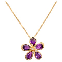 Amethyst Diamond 18k Yellow Gold Flower Pendant Necklace