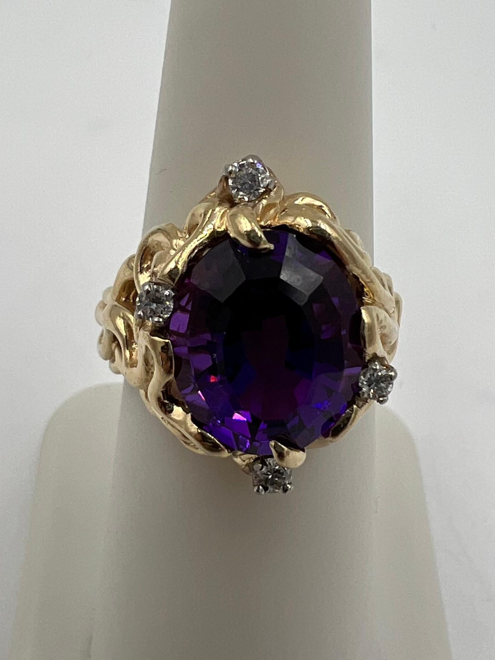 Artisan Amethyst Diamond Abstract Yellow Gold Ring For Sale