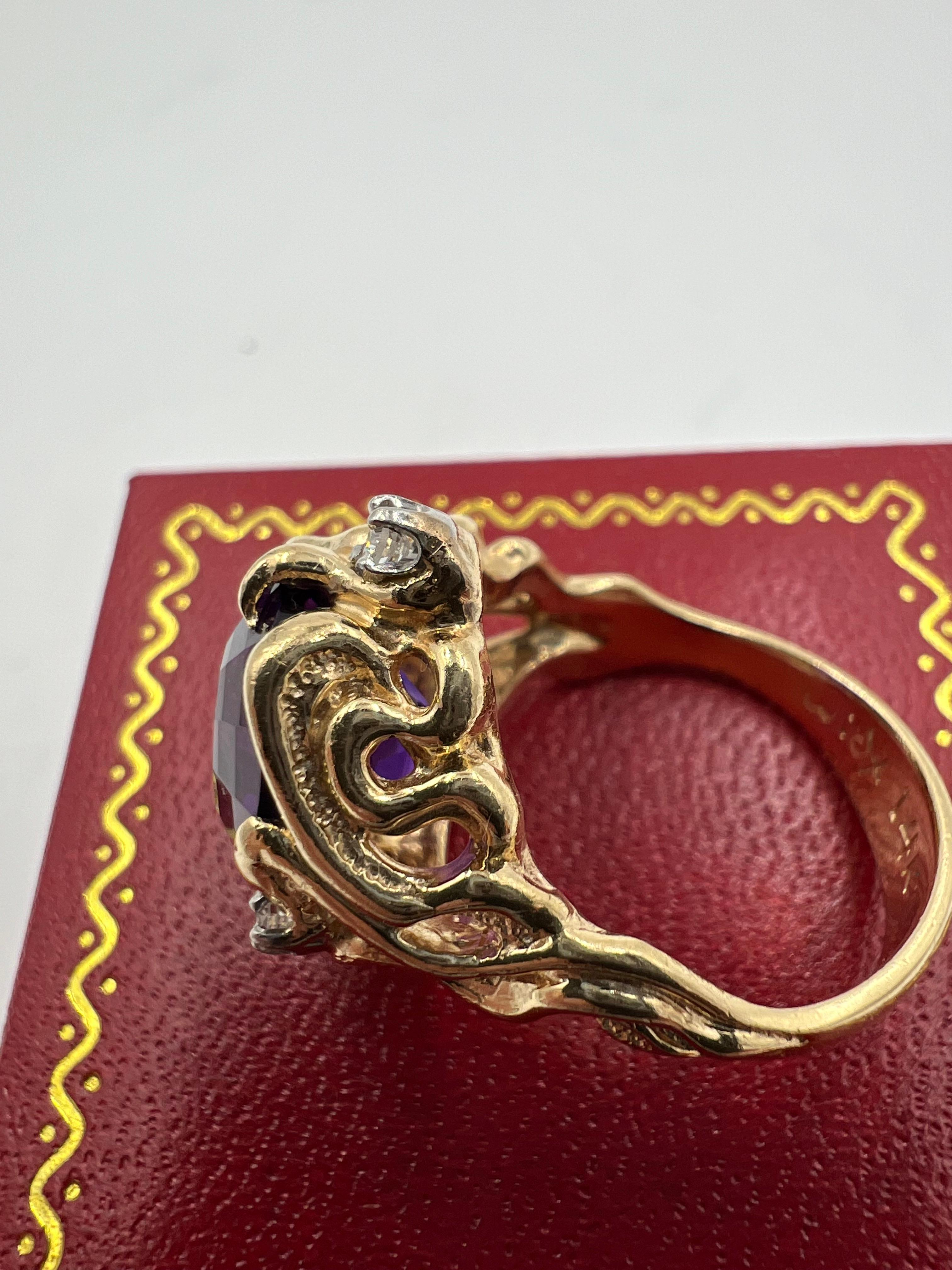 Amethyst Diamond Abstract Yellow Gold Ring In Good Condition For Sale In Los Angeles, CA
