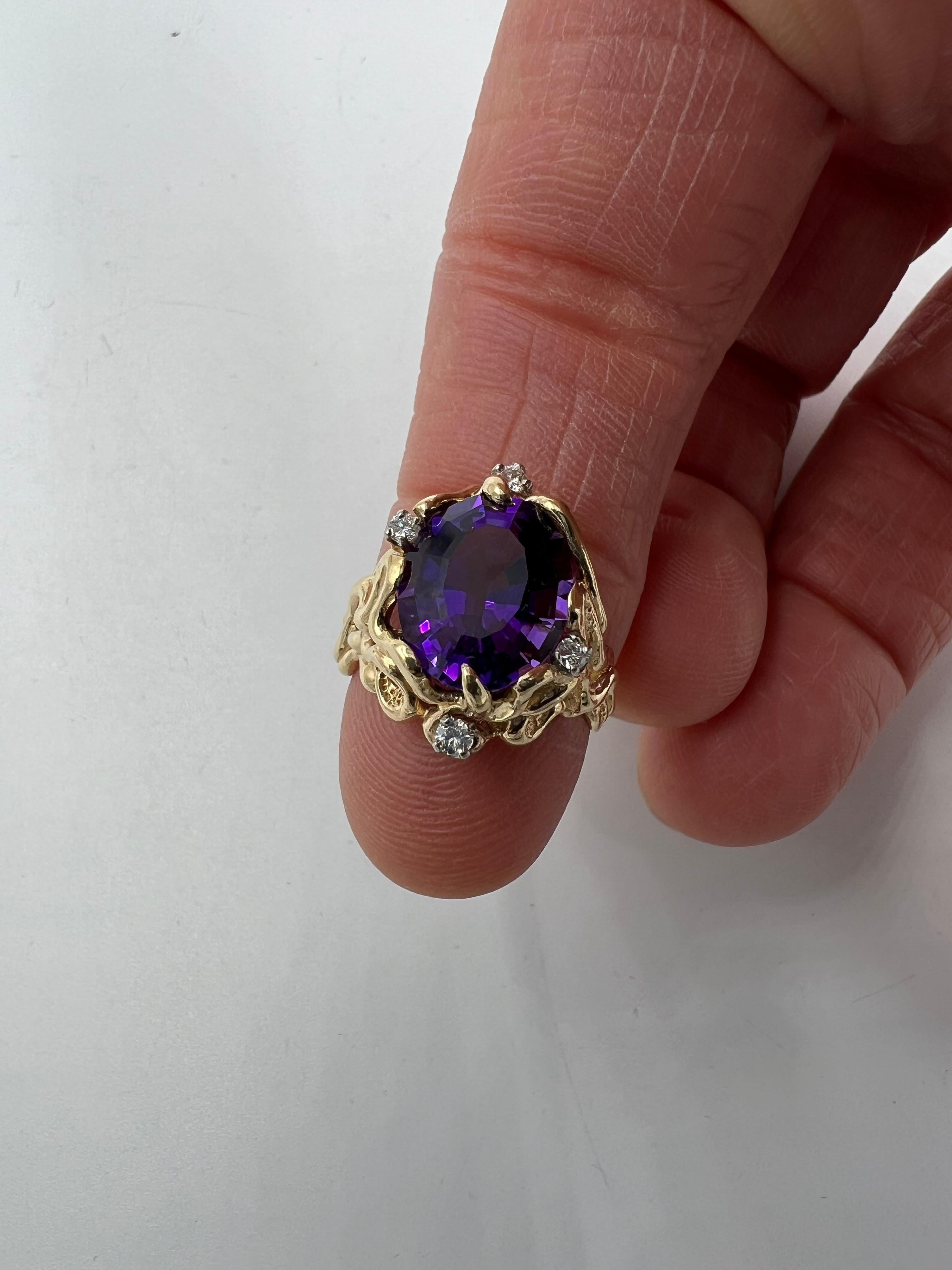 Women's or Men's Amethyst Diamond Abstract Yellow Gold Ring For Sale