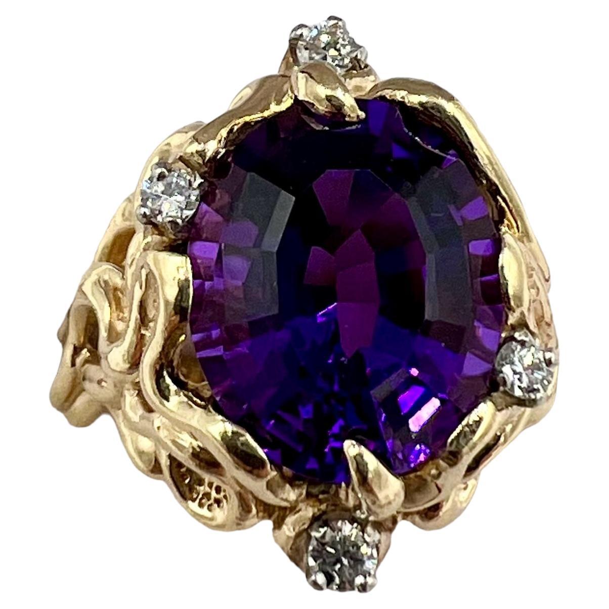 Amethyst Diamond Abstract Yellow Gold Ring For Sale
