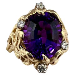 Vintage Amethyst Diamond Abstract Yellow Gold Ring