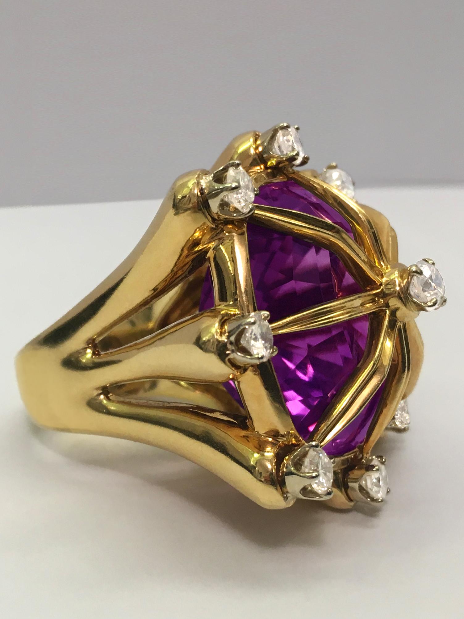 One cushion-cut amethyst approximately 100 cararts, 9 circular-cut diamonds, weighting approximately 2.25 cararts total, H/I color, VS-SI clarity, size 6 1/4 - signed Tony Duquette