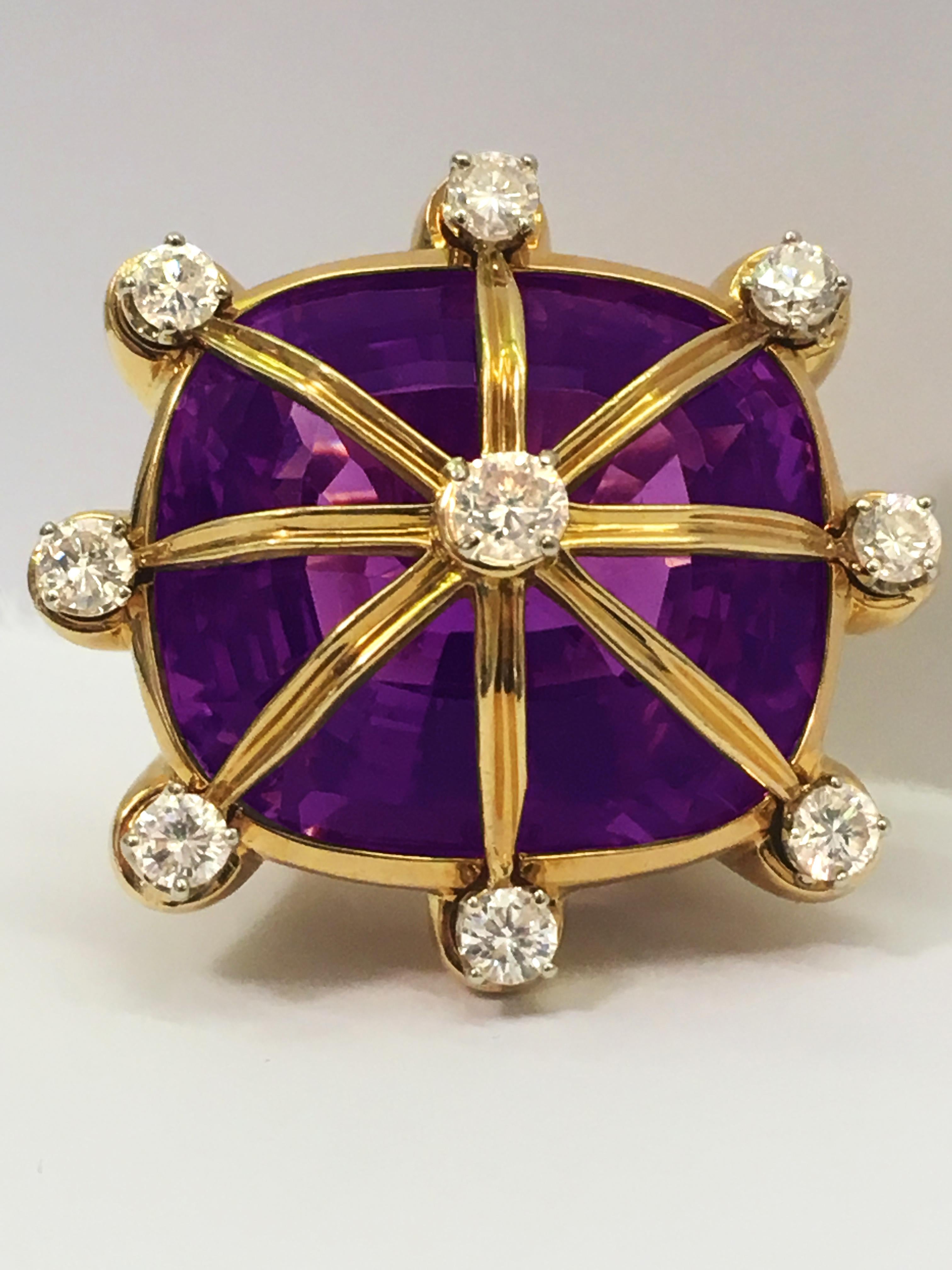 Cushion Cut Amethyst, Diamond and 18 Karat Gold Ring by Tony Duquette For Sale