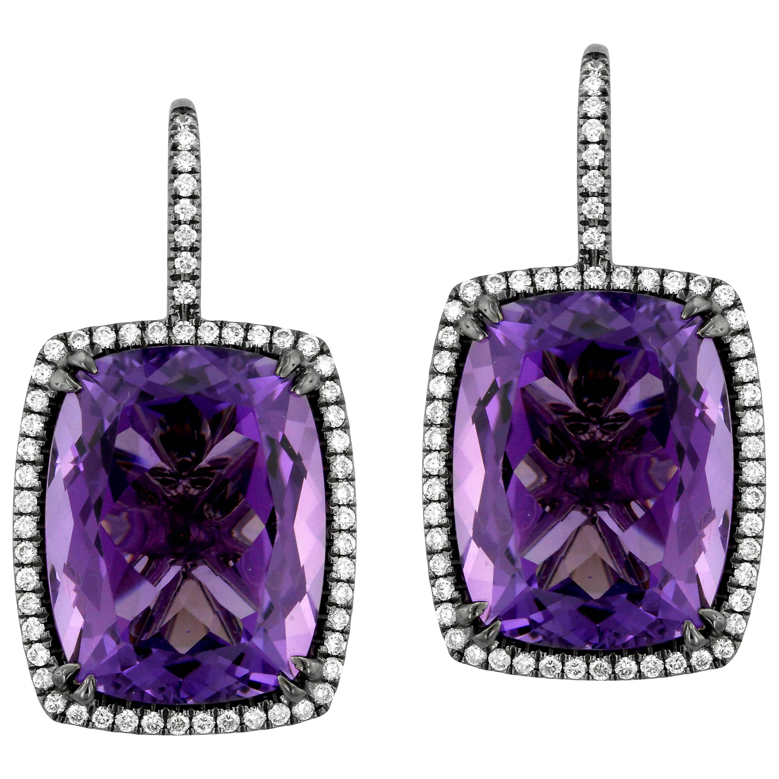 Amethyst Diamond and Black Rhodium-Plated Gold Drop Earrings For Sale