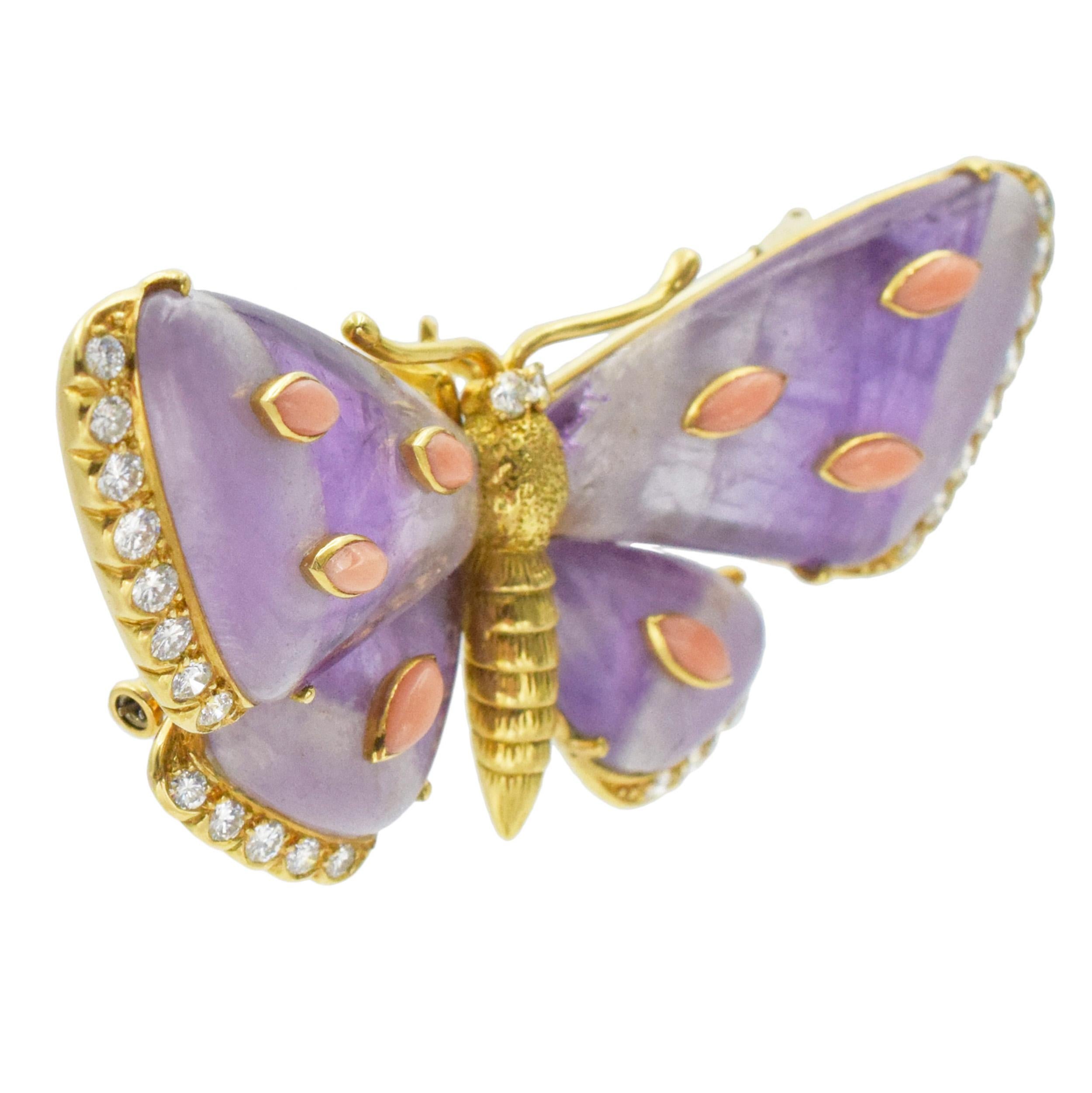 Amethyst, Diamond and Coral Butterfly Brooch For Sale 1