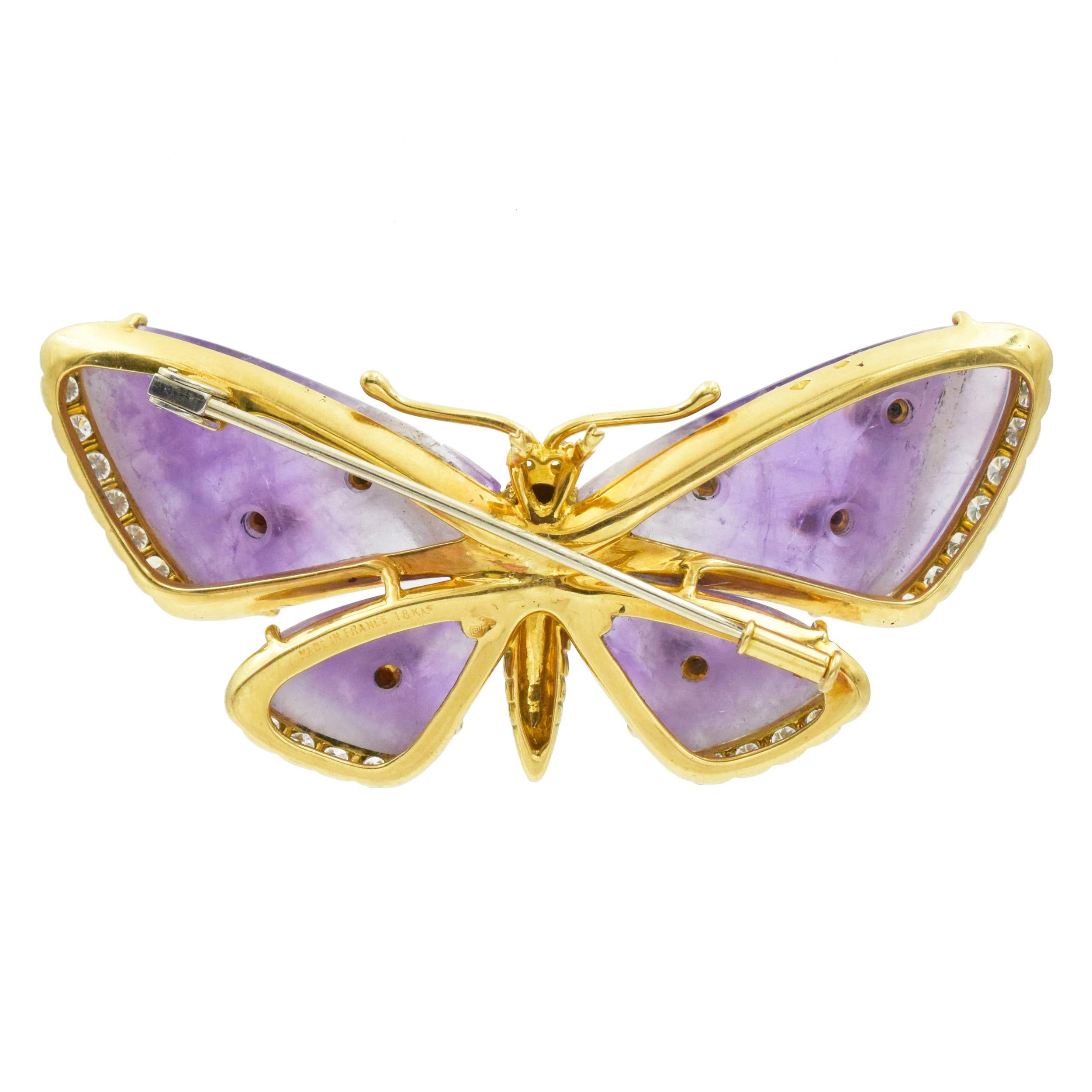 Women's or Men's Amethyst, Diamond and Coral Butterfly Brooch For Sale