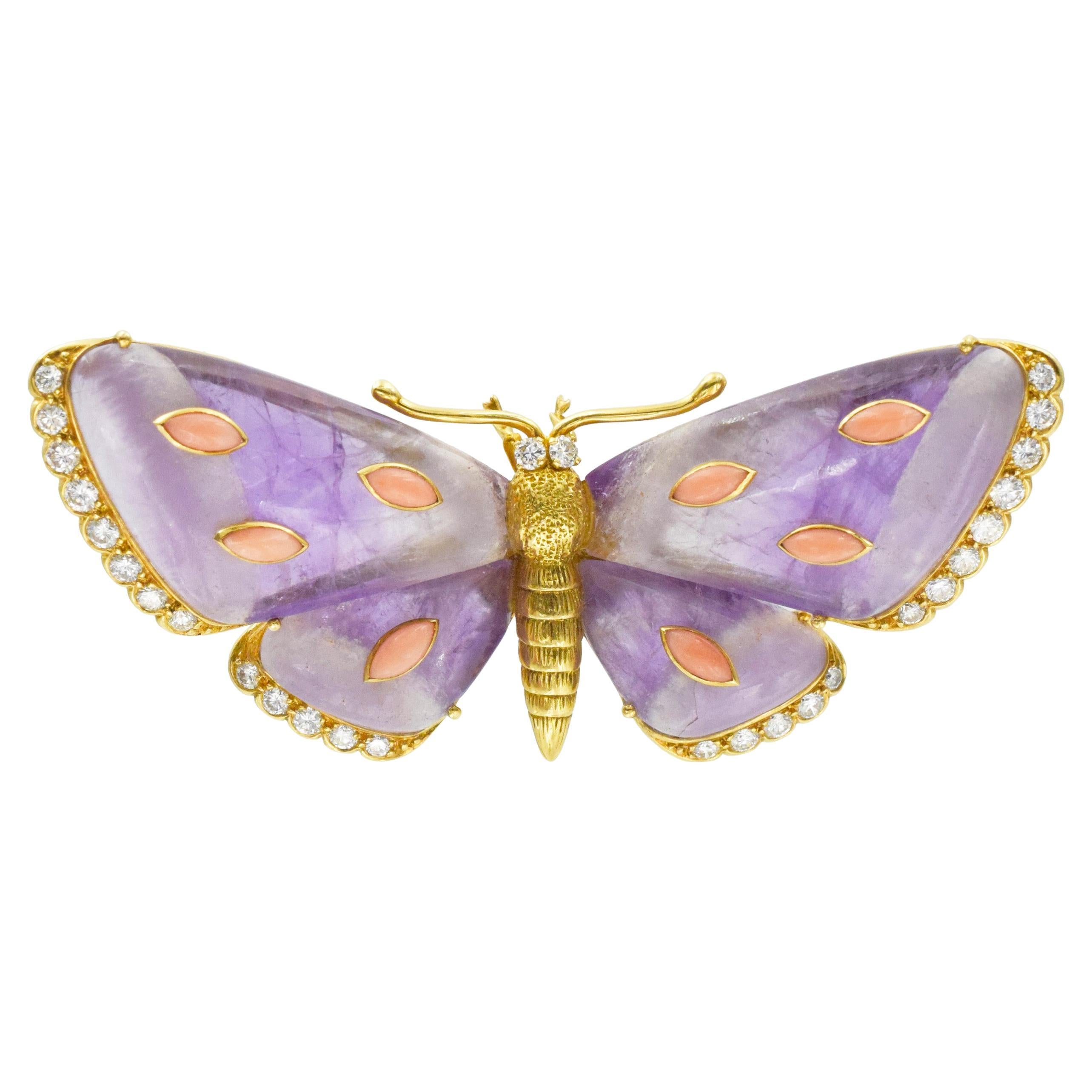 Amethyst, Diamond and Coral Butterfly Brooch For Sale
