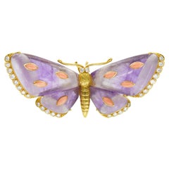 Retro Amethyst, Diamond and Coral Butterfly Brooch