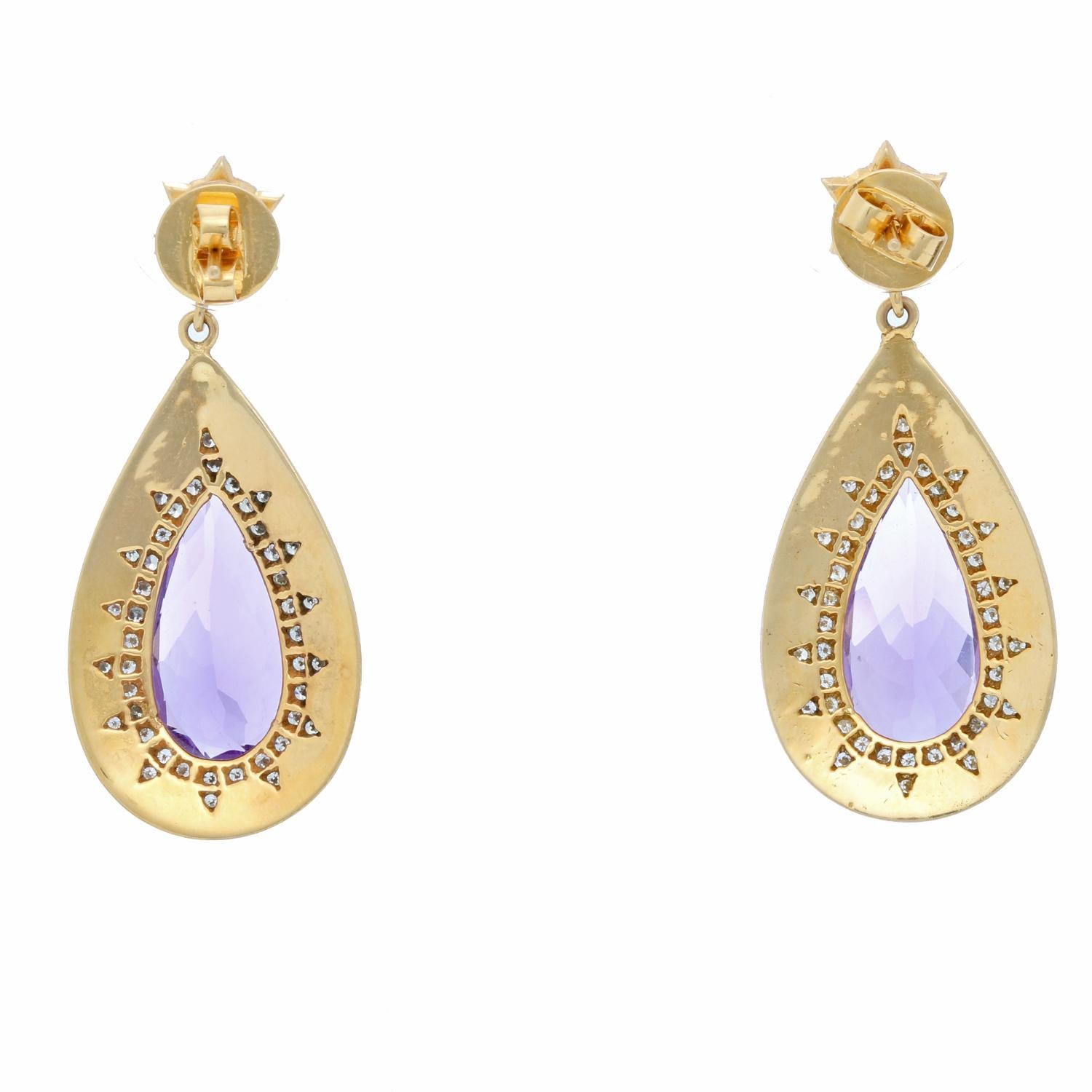 Amethyst, Diamond and Enamel Yellow Gold Earrings - . Beautiful drop earrings set in yellow gold, with a Amethyst surrounded by diamonds weighing 1 cts. Length 1 3/4 in.