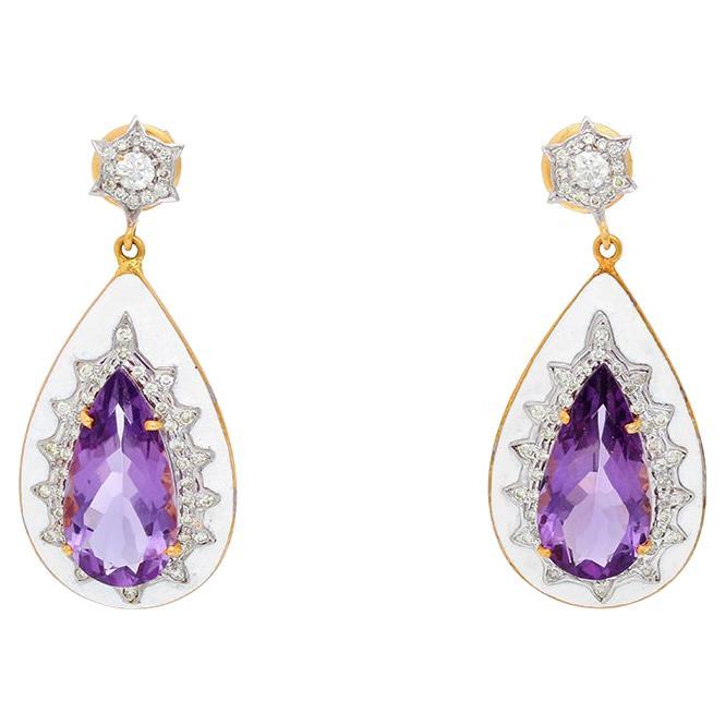 Amethyst, Diamond and Enamel Yellow Gold Earrings For Sale