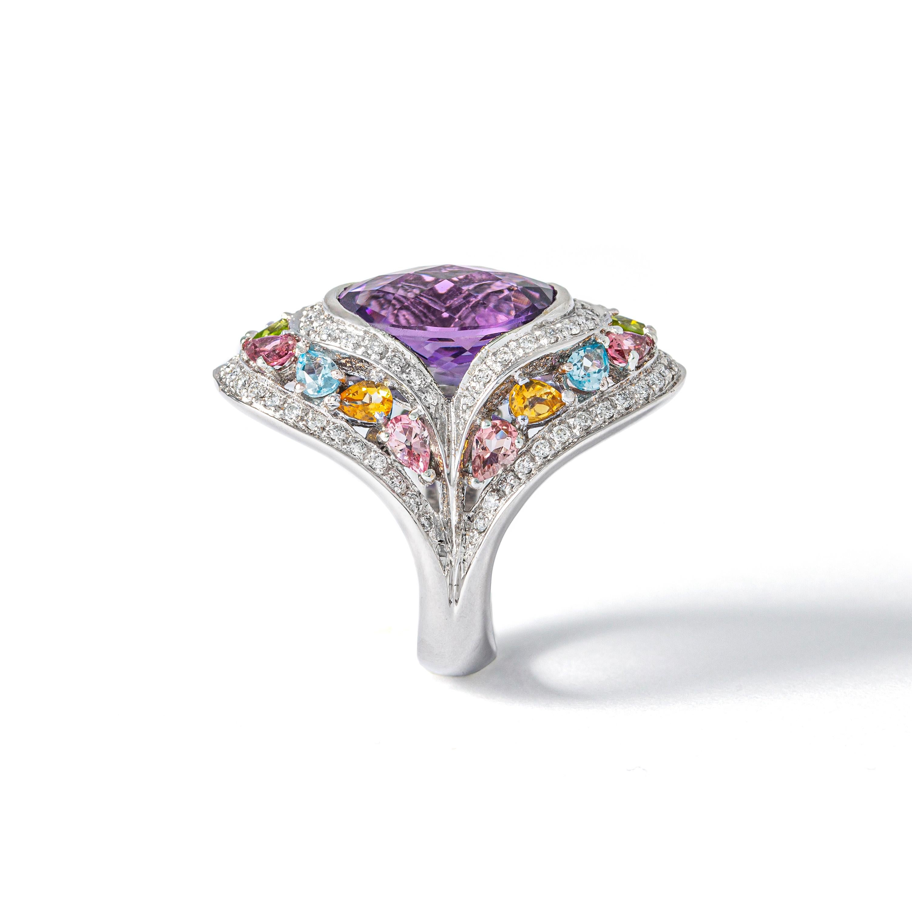 Women's or Men's Amethyst Diamond and Gemstones Gold Ring For Sale