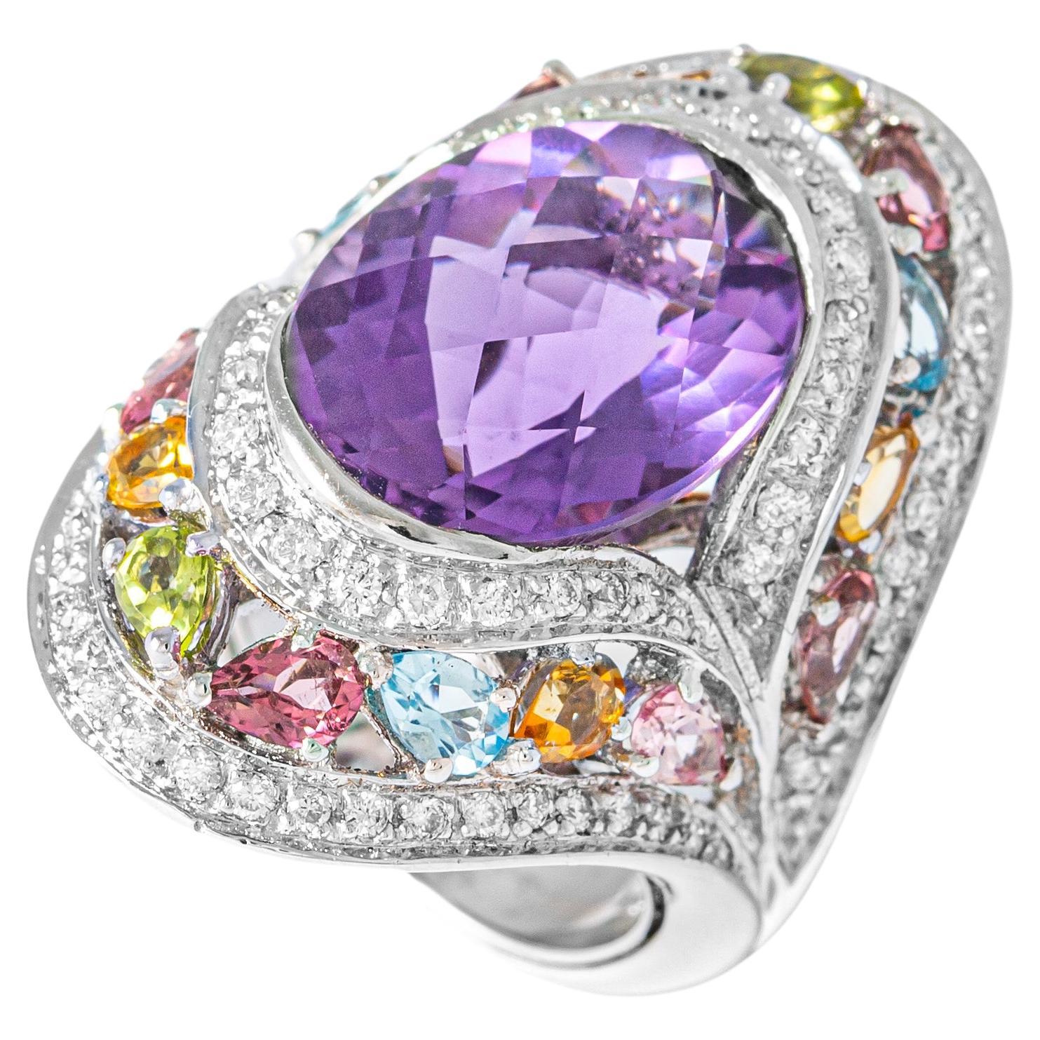 Amethyst Diamond and Gemstones Gold Ring For Sale