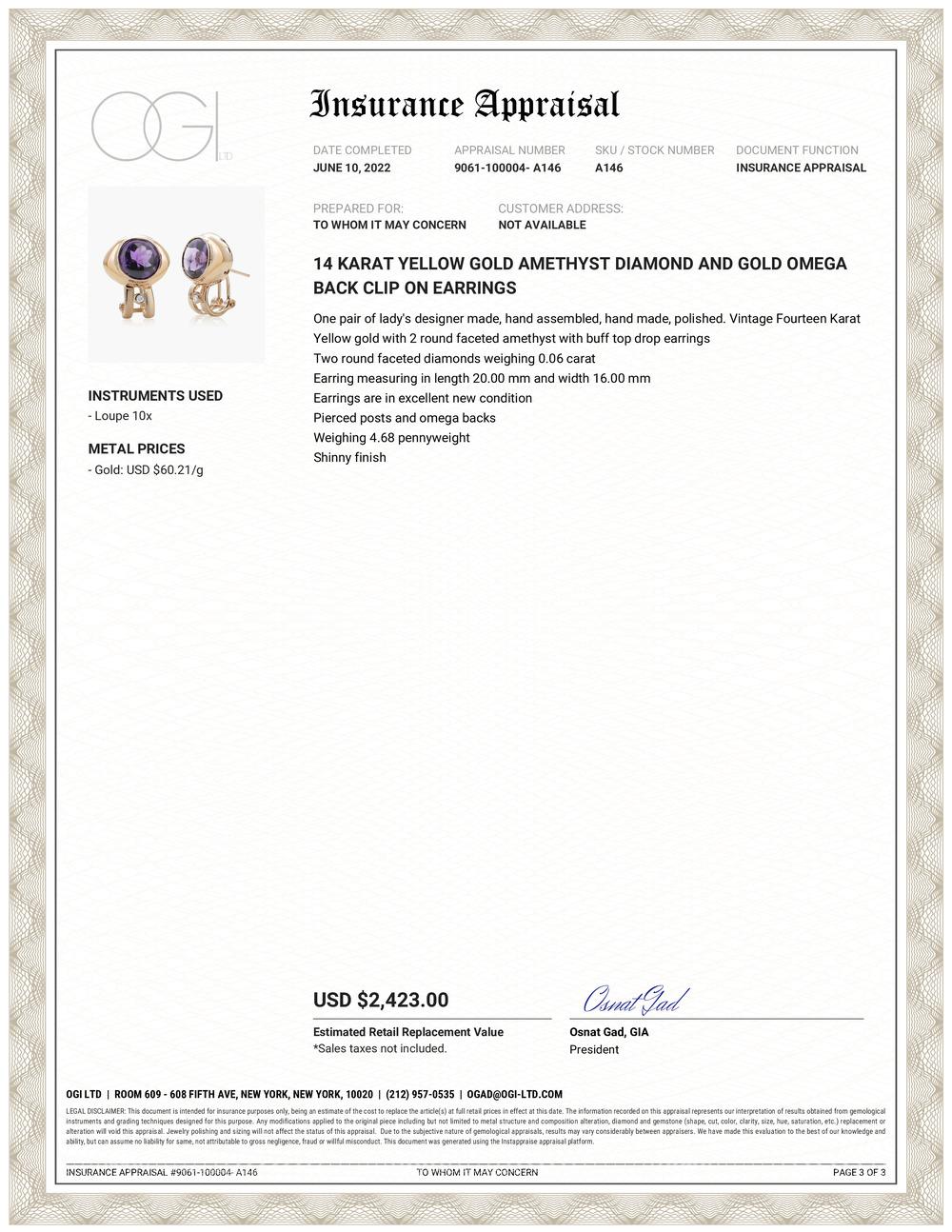 Fourteen Karat Yellow gold with 2 round faceted amethyst with buff top drop earrings
Two round faceted diamonds weighing 0.06 carat 
Earring measuring in length 20.00 mm and width 16.00 mm
Earrings are in excellent new condition
Pierced posts and