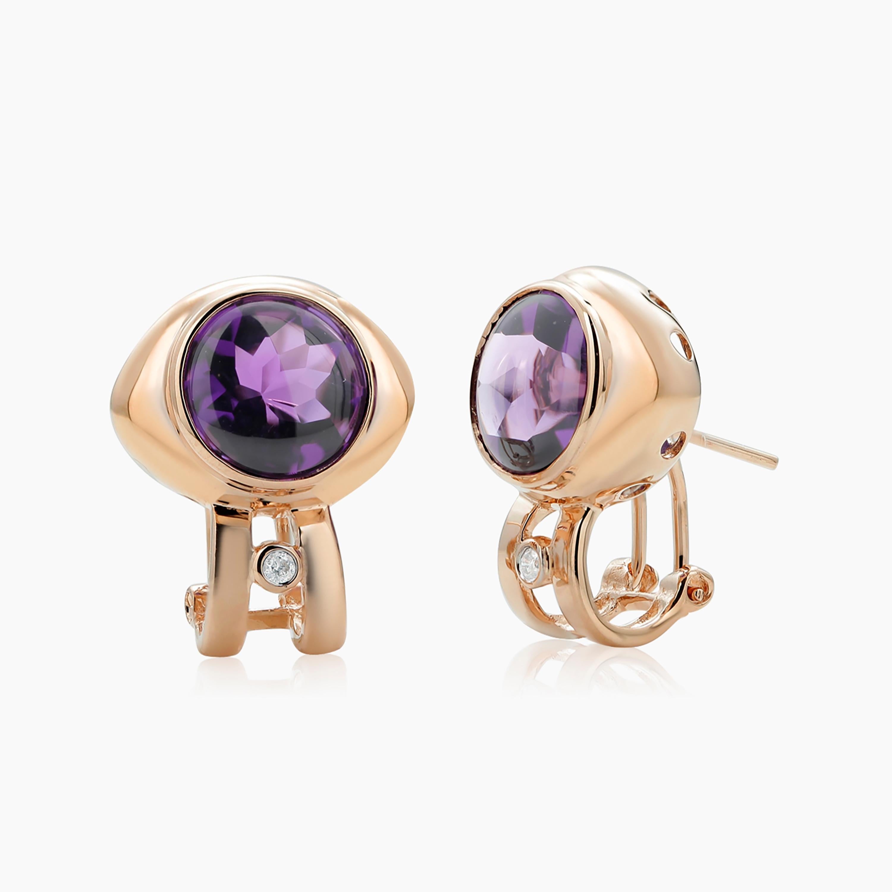 Contemporary Amethyst Diamond and Gold Omega Back Clip on Earrings