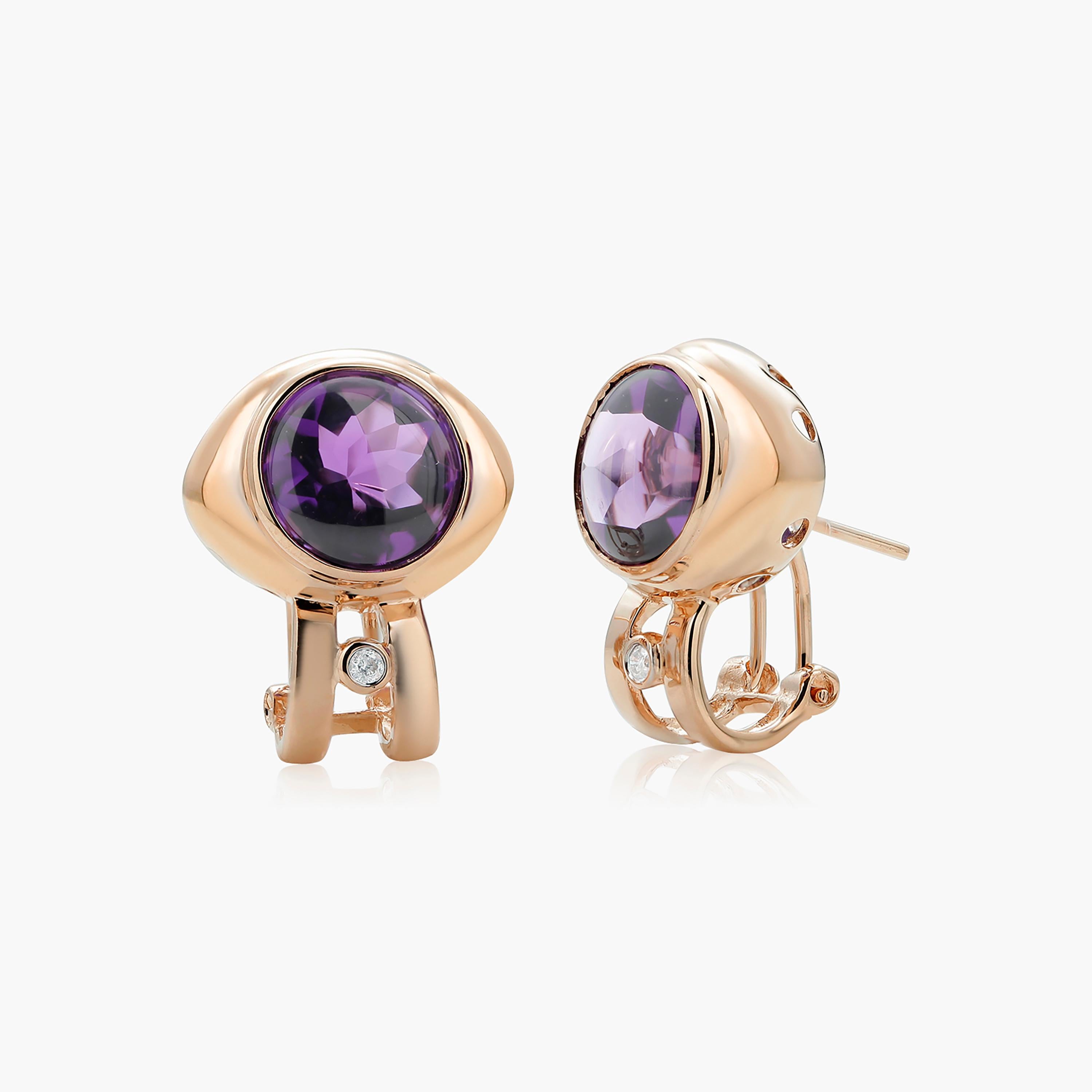 Amethyst Diamond and Gold Omega Back Clip on Earrings In Good Condition In New York, NY