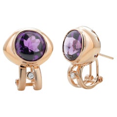 Amethyst Diamond and Gold Omega Back Clip on Earrings