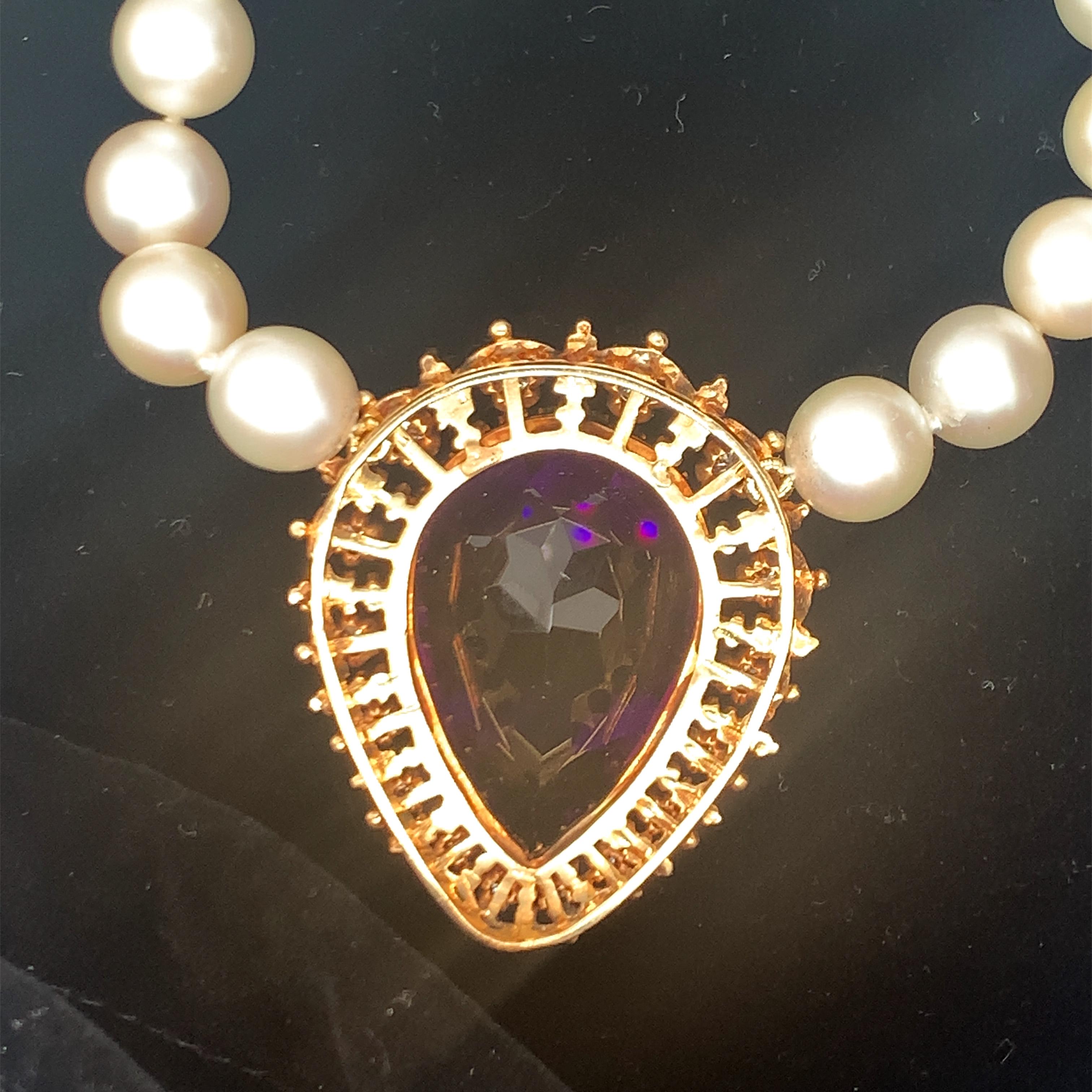 Victorian Amethyst, Diamond and Pearl 14K Gold Necklace / Pendant For Sale