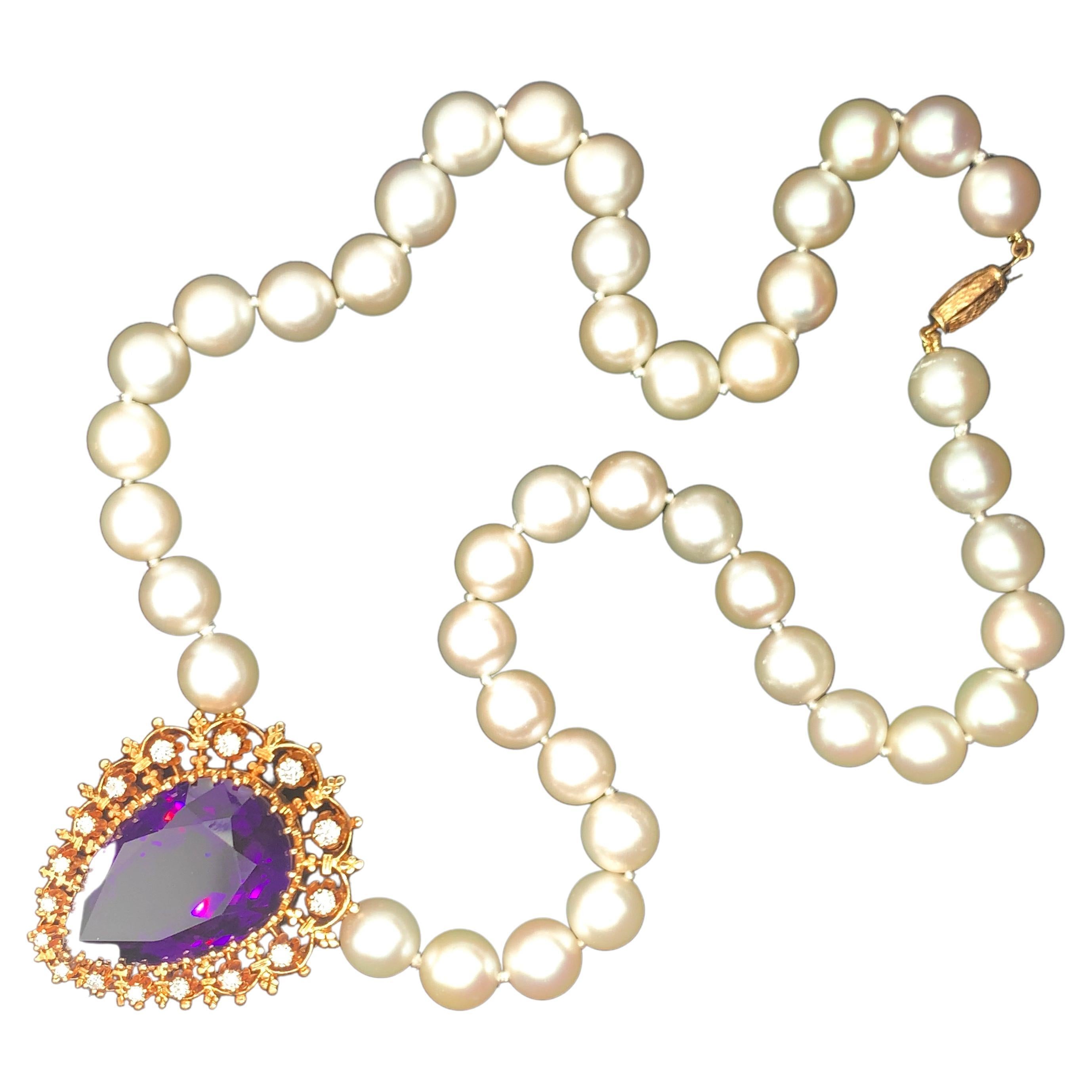Amethyst, Diamond and Pearl 14K Gold Necklace / Pendant For Sale