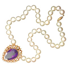 Amethyst, Diamond and Pearl 14K Gold Necklace / Pendant