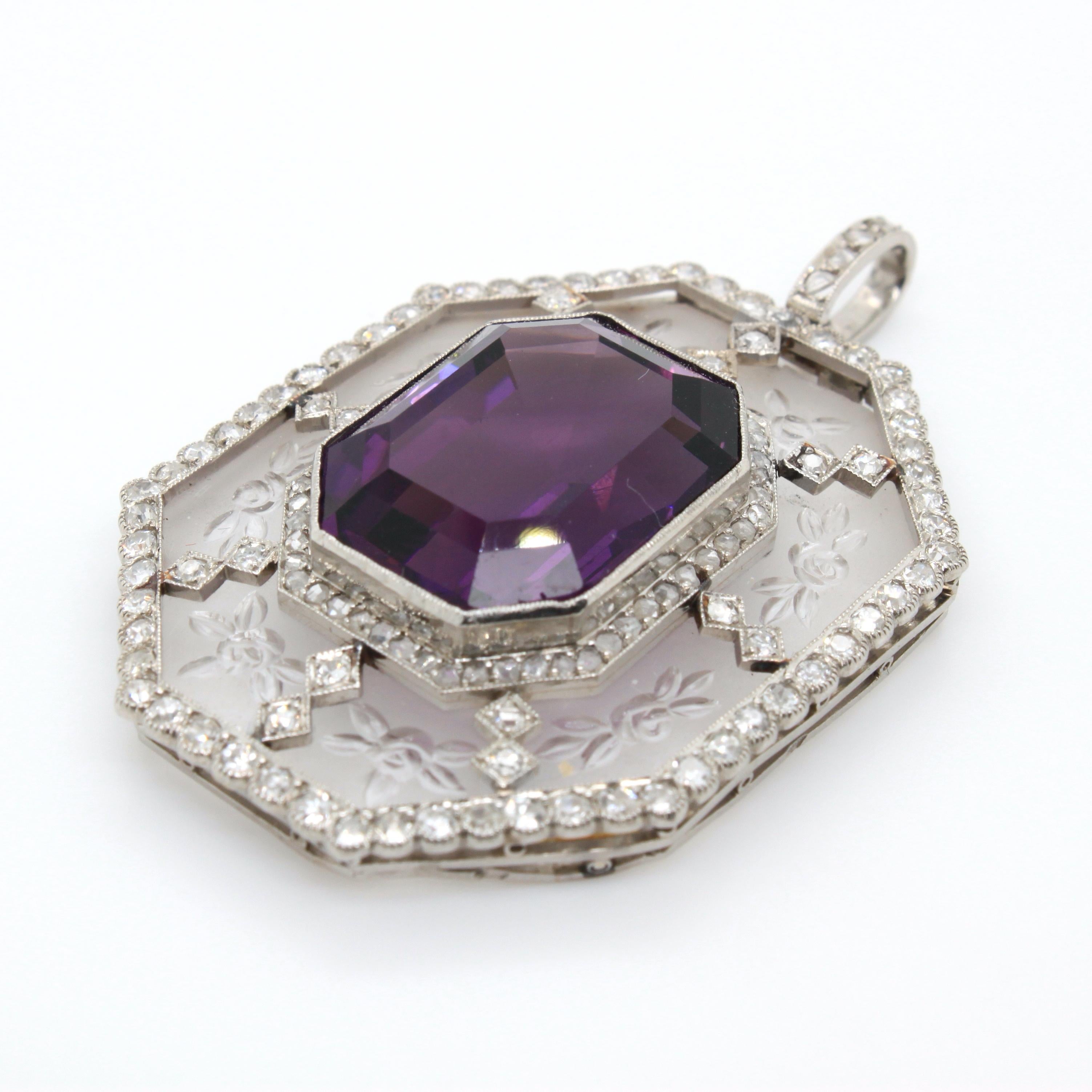 Women's or Men's Amethyst Diamond and Rock Crystal Pendant, France, ca. 1910s