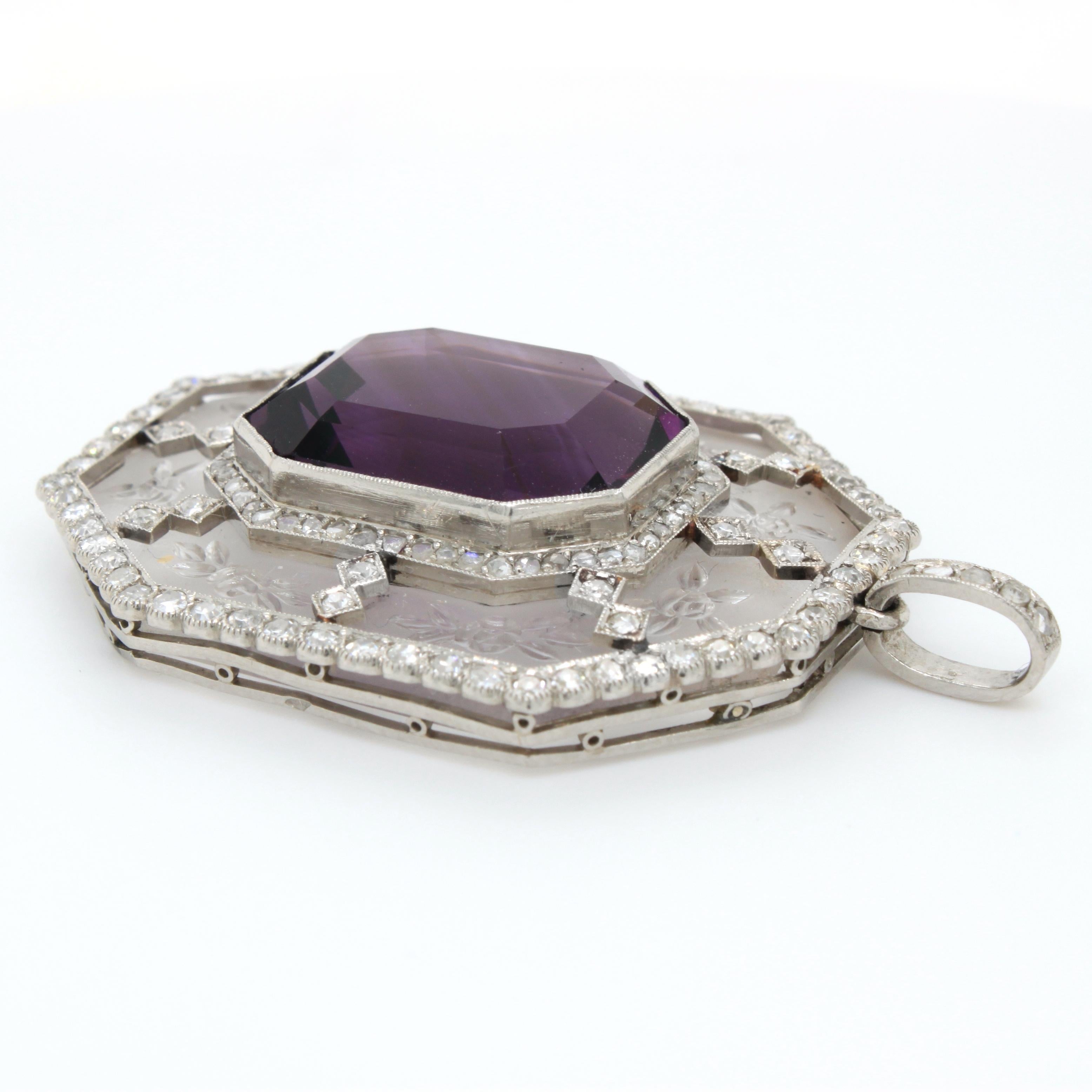 Amethyst Diamond and Rock Crystal Pendant, France, ca. 1910s 2