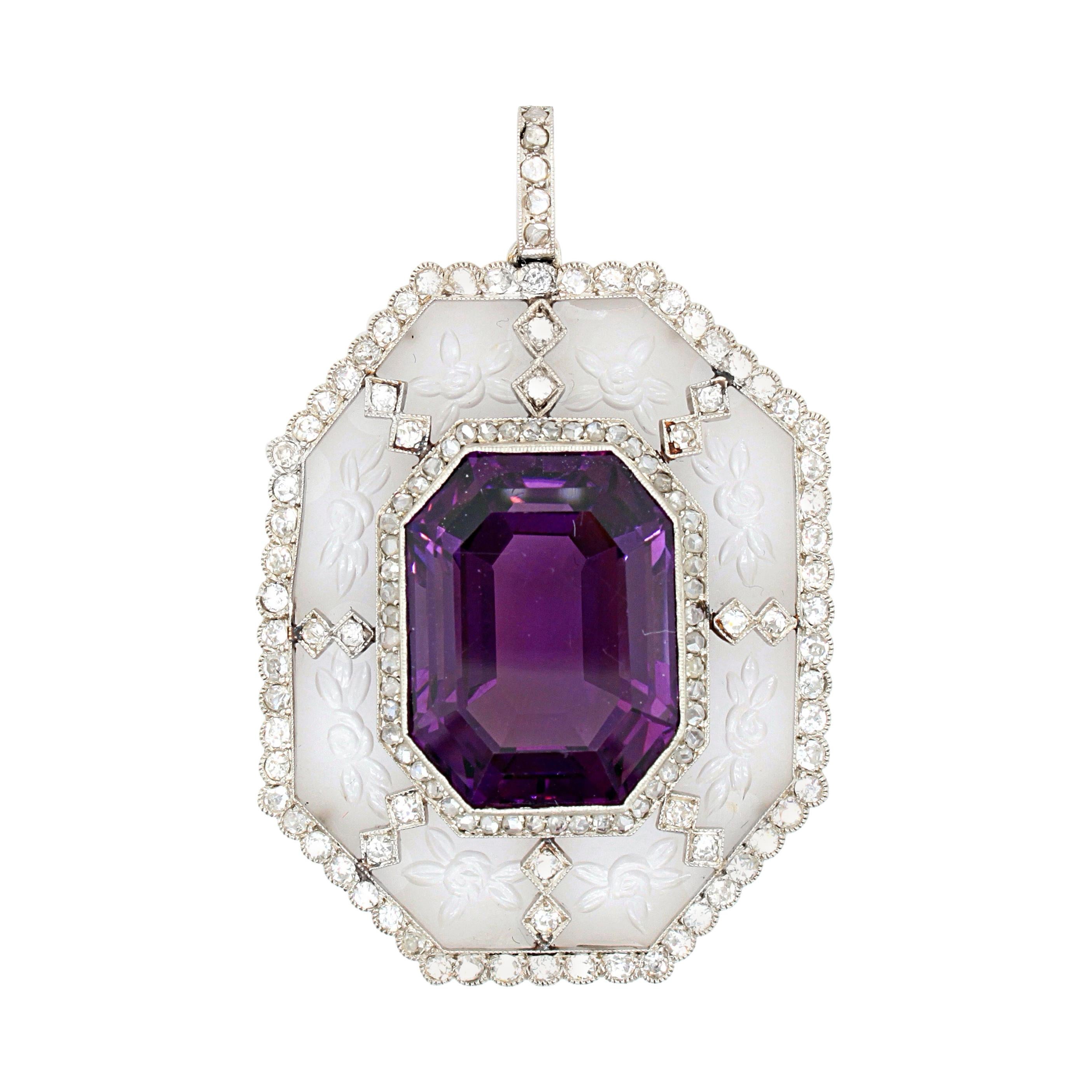 Amethyst Diamond and Rock Crystal Pendant, France, ca. 1910s