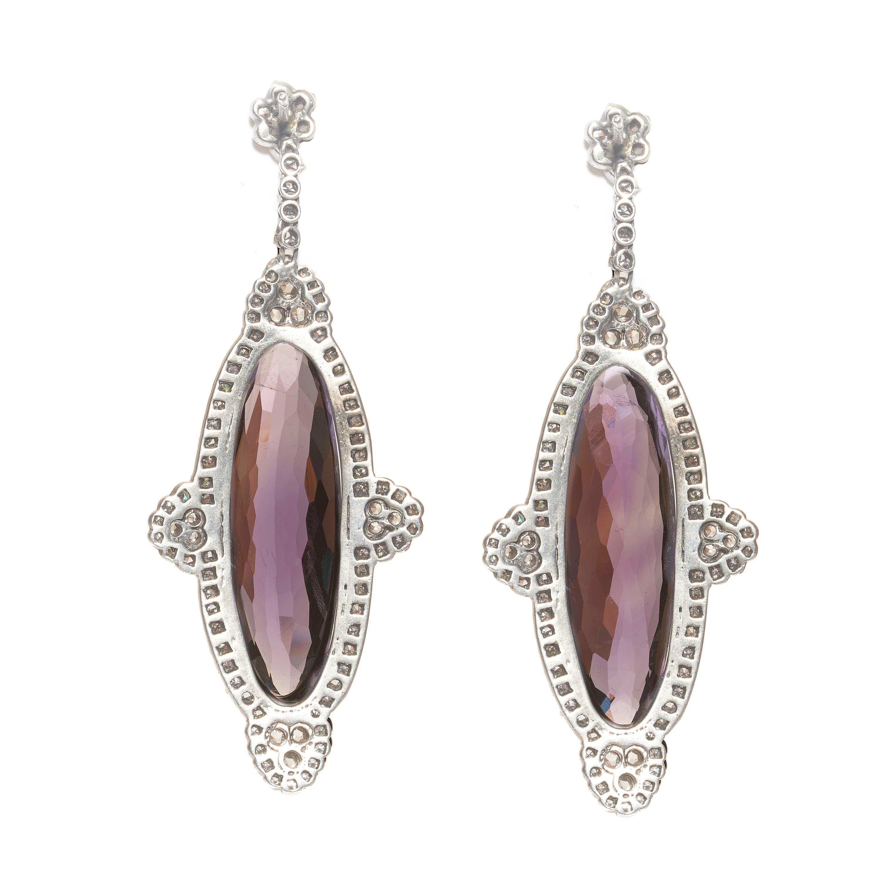 Modern Amethyst, Diamond and Silver Drop Earrings, 40.00 Carats For Sale