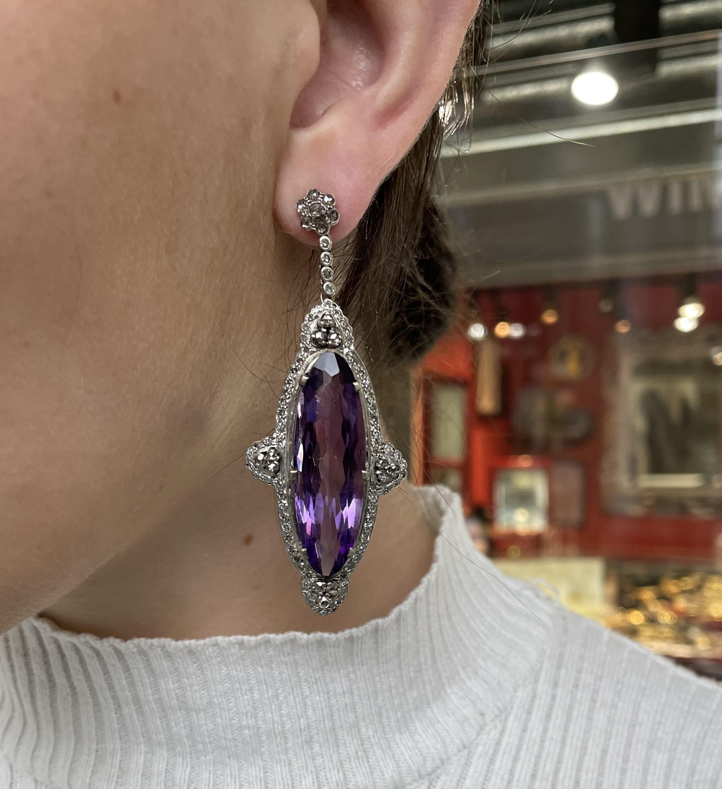 Oval Cut Amethyst, Diamond and Silver Drop Earrings, 40.00 Carats For Sale