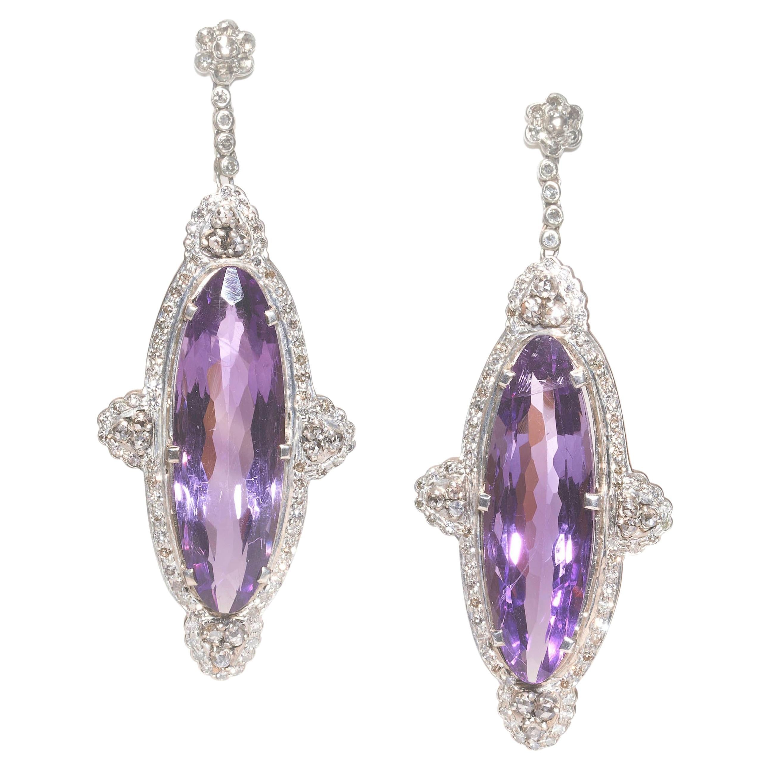 Amethyst, Diamond and Silver Drop Earrings, 40.00 Carats For Sale