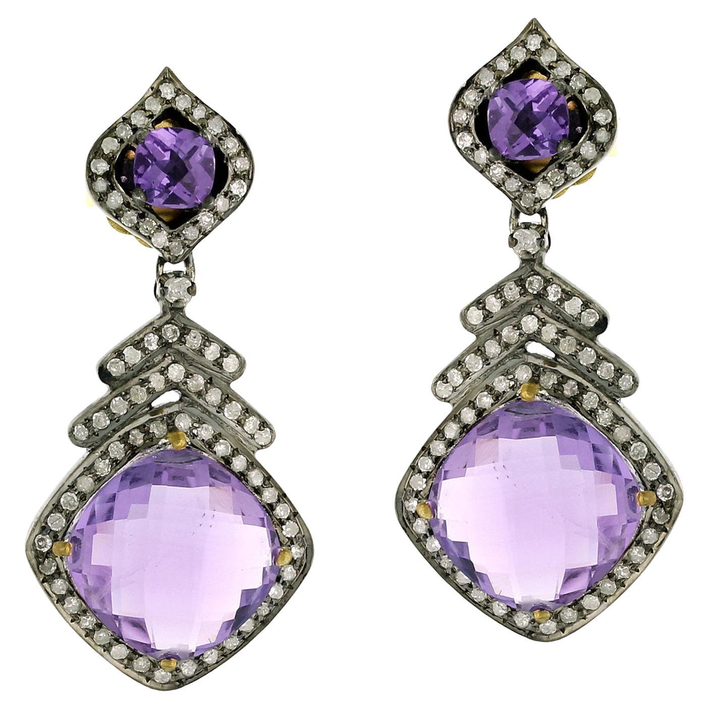 Amethyst 
Diamond Art Deco Drop Earrings In 18K Gold 
Oxidized Silver For Sale