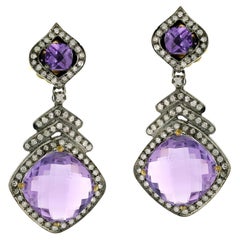 Amethyst 
Diamond Art Deco Drop Earrings In 18K Gold 
Oxidized Silver